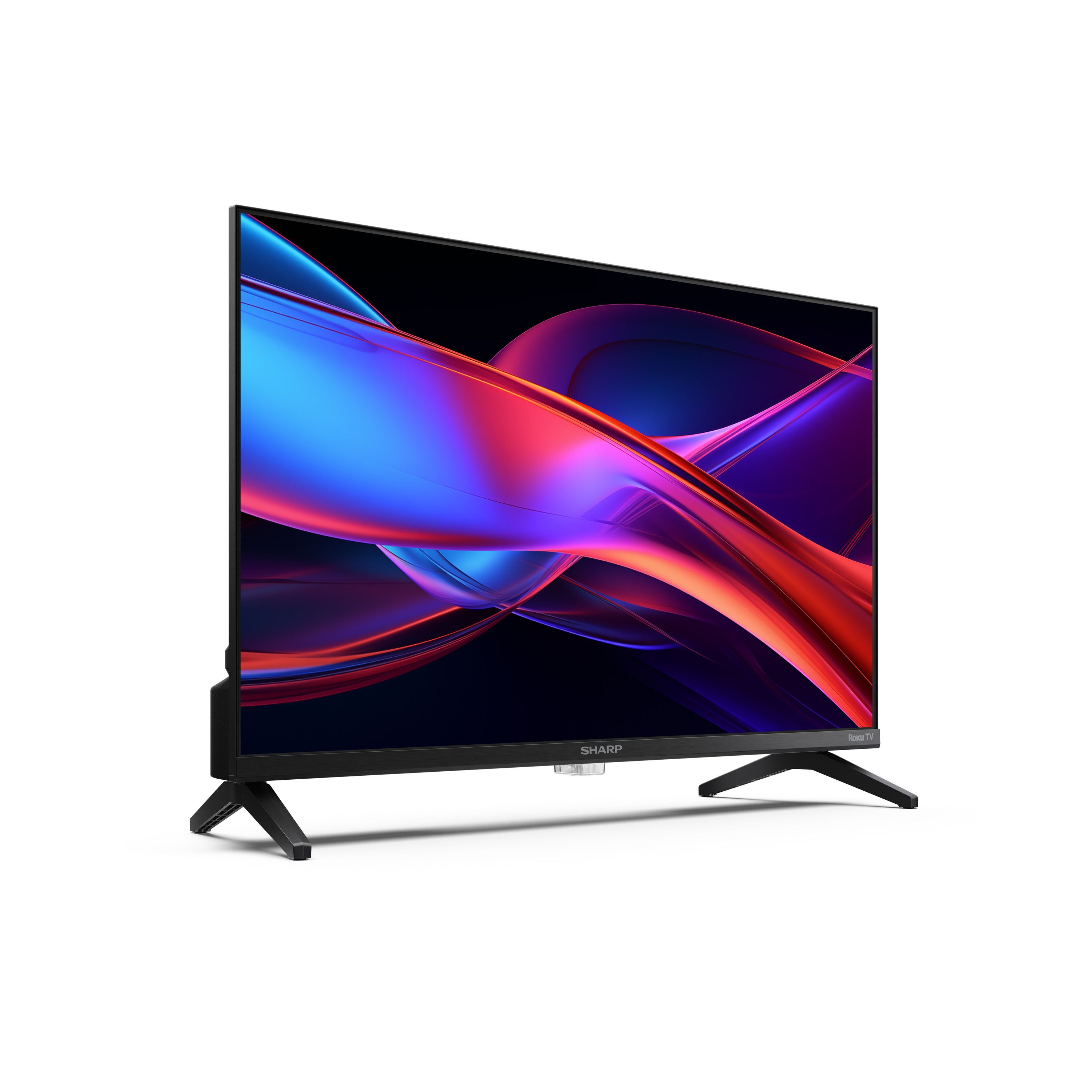 Ein Sharp Roku TV auf weißem Hintergrund. Der Bildschirm zeigt bunte abstrakte Formen. Der Fernseher hat schwarze Beine und einen schwarzen Rahmen.