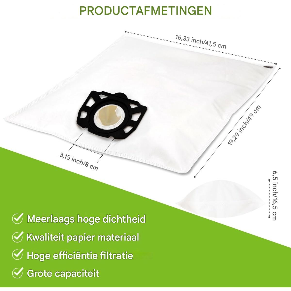 Weißer Staubsaugerbeutel mit schwarzem Kunststoffanschluss, Abmessungen. Text mit Produktdetails und geprüften Funktionen.