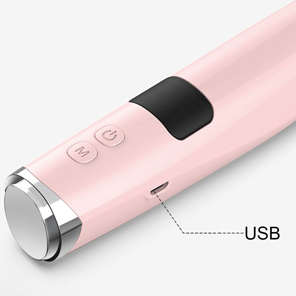 Ein rosa elektronisches Gerät mit schwarzem Knopf, zwei kleineren Knöpfen und einem USB-Anschluss. Das Gerät befindet sich auf weißem Hintergrund.