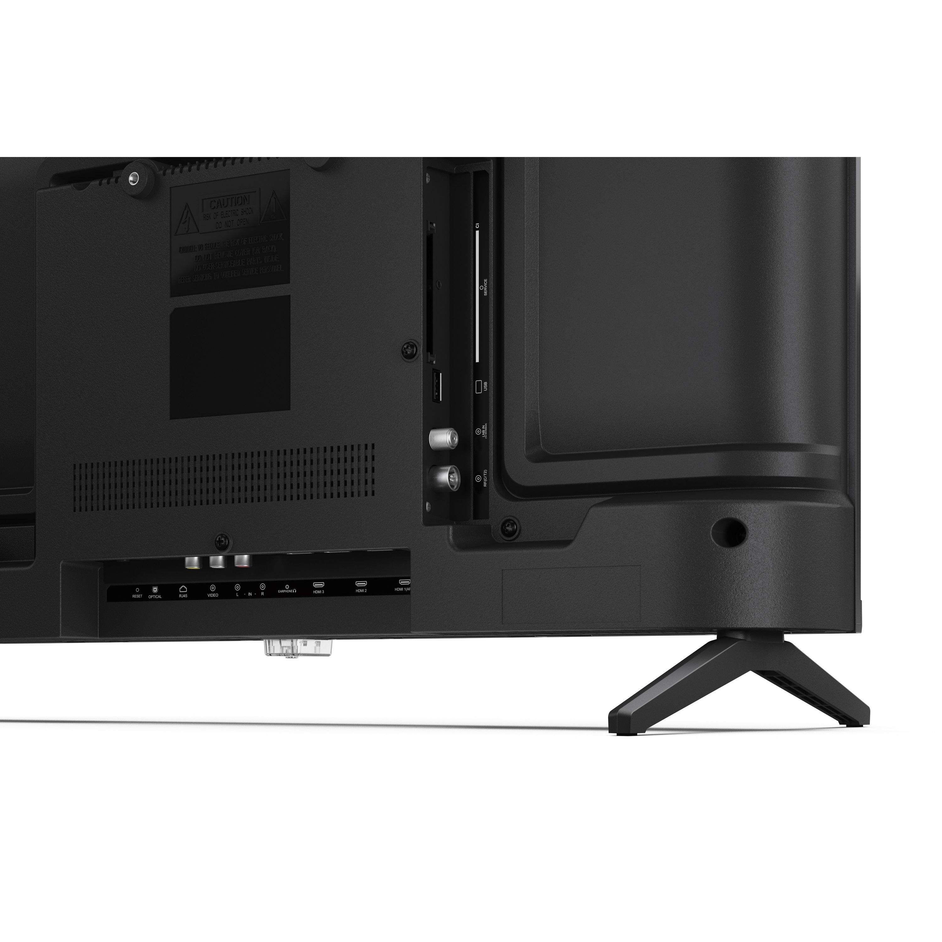 Rückseite eines schwarzen Fernsehers. Anschlüsse, darunter HDMI, USB und Audio, sind sichtbar. Ein Warnhinweis ist vorhanden.