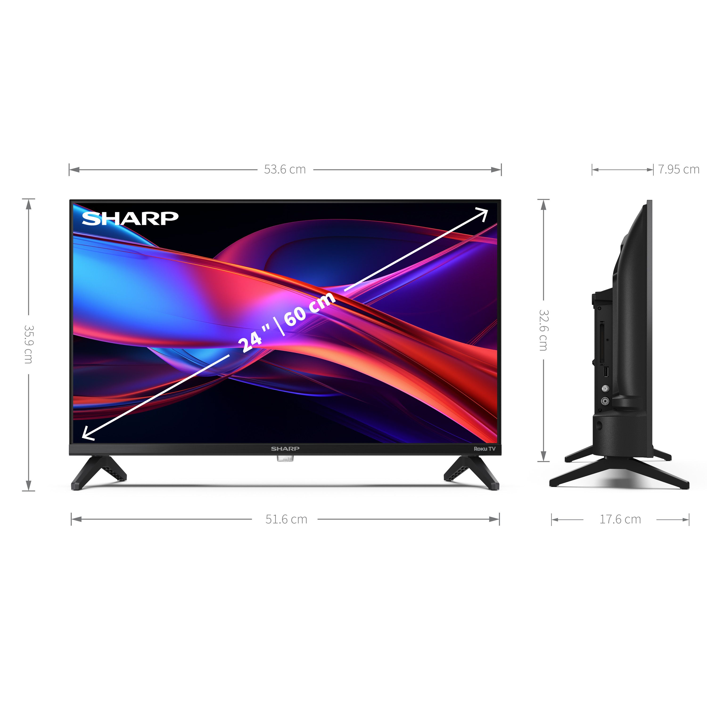 Ein Sharp Roku TV. Er ist schwarz, mit einem 24-Zoll-Bildschirm. Die Abmessungen sind in cm angegeben. Der Bildschirm zeigt ein farbenfrohes Design.