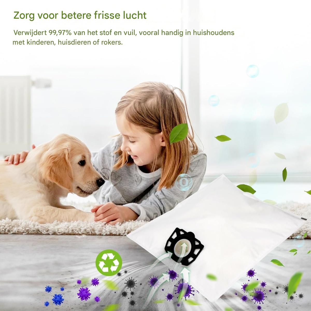 Ein Mädchen und ein Welpe sind zusammen in der Nähe eines weißen Filterbeutels mit einem Recycling-Symbol, Luftreiniger-Konzept.