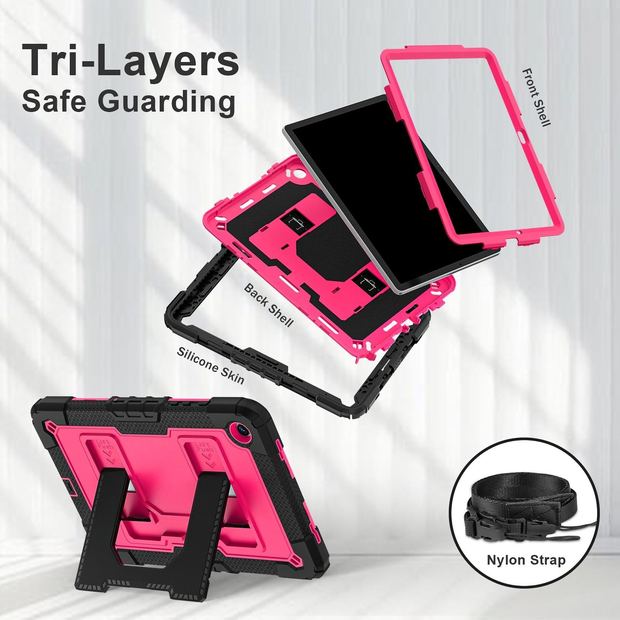 Tablet-Hülle mit Schichten. Enthält einen Nylonriemen. Rosa und schwarze Farben sind sichtbar.