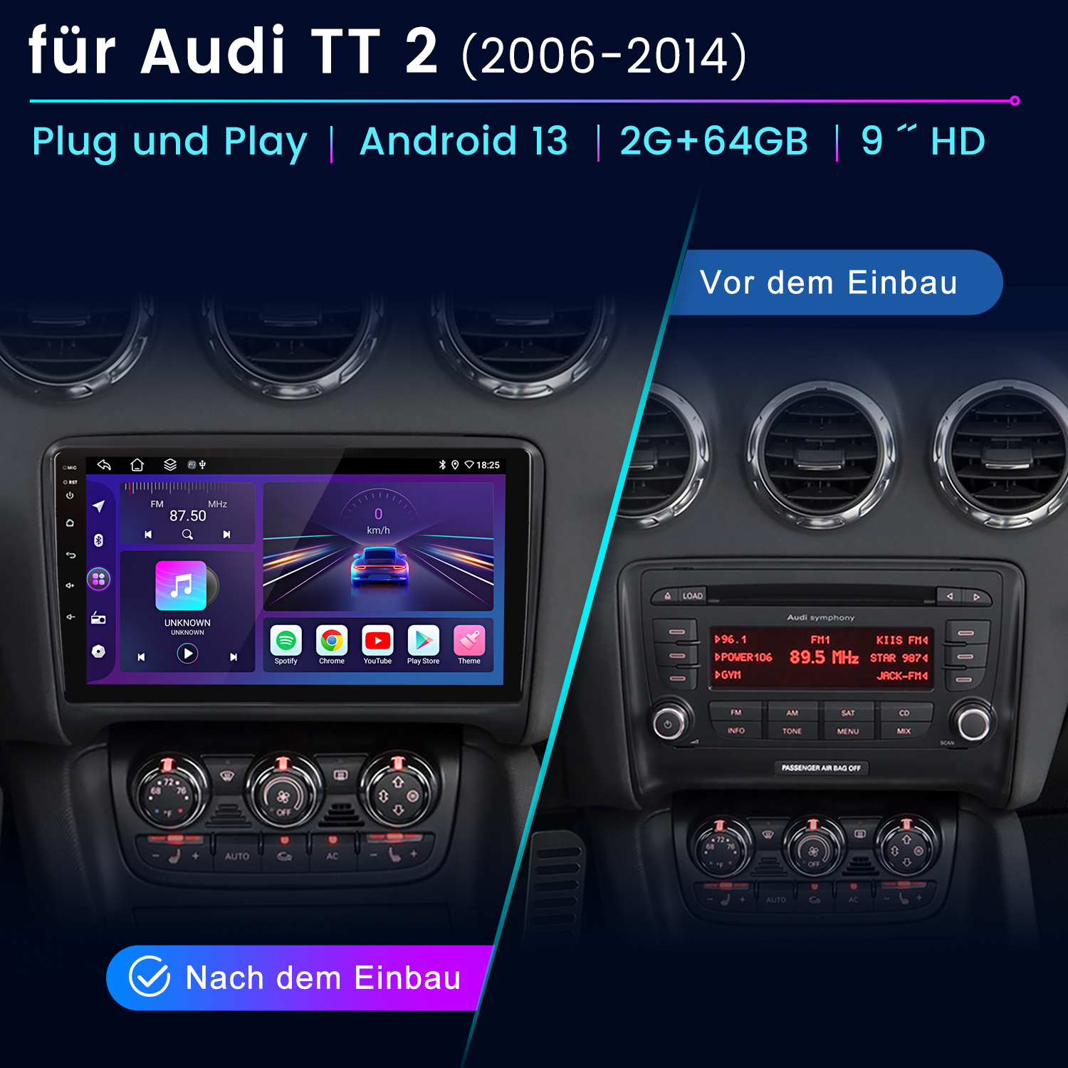 Aut Armaturenbrett vor und nach der Installation eines neuen Android-Systems. Enthält Radioanzeige und Bedienelemente.