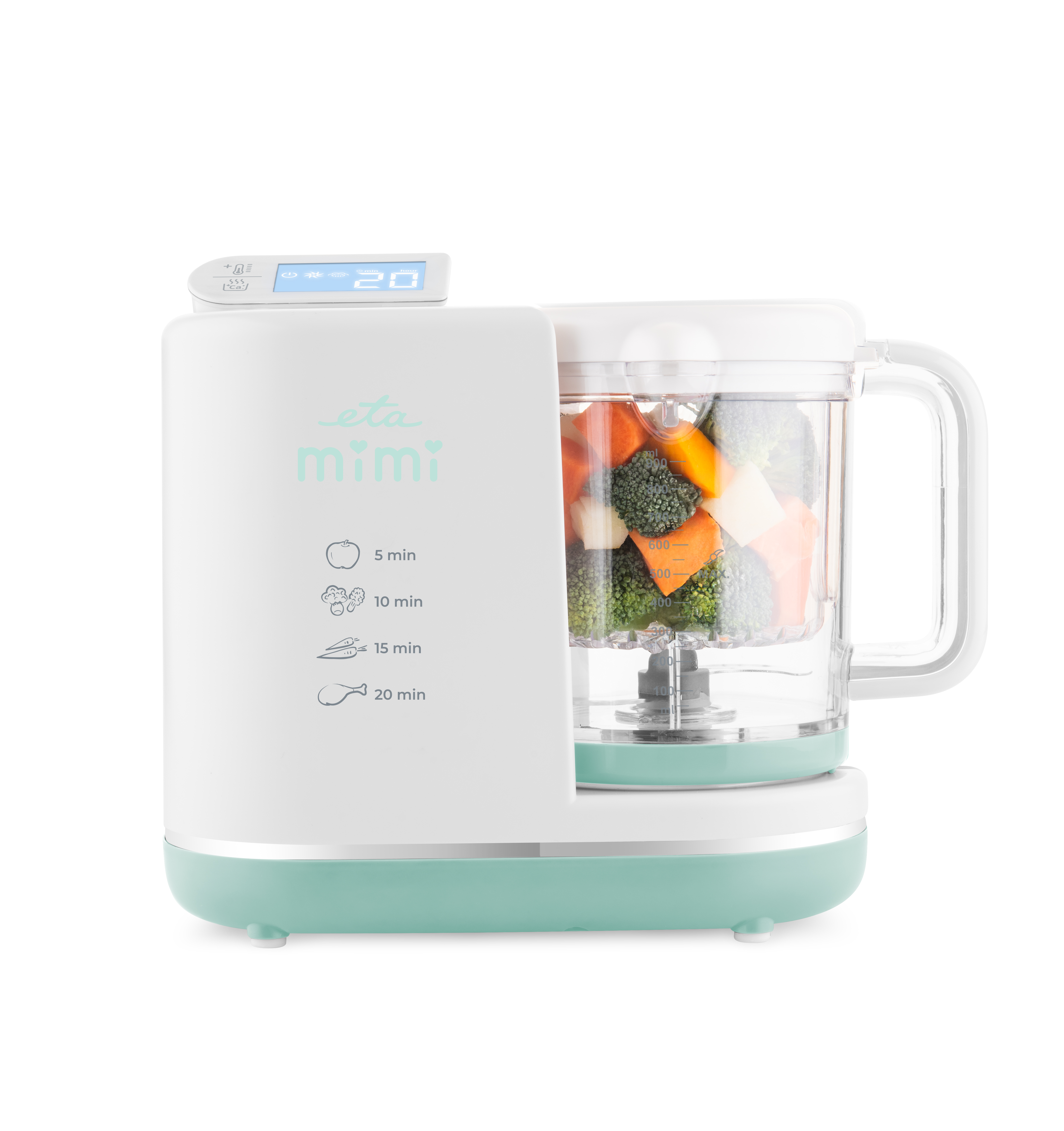 Un robot da cucina per bambini bianco e verde acqua. Ha un contenitore trasparente pieno di verdure. Il display mostra il numero 20.