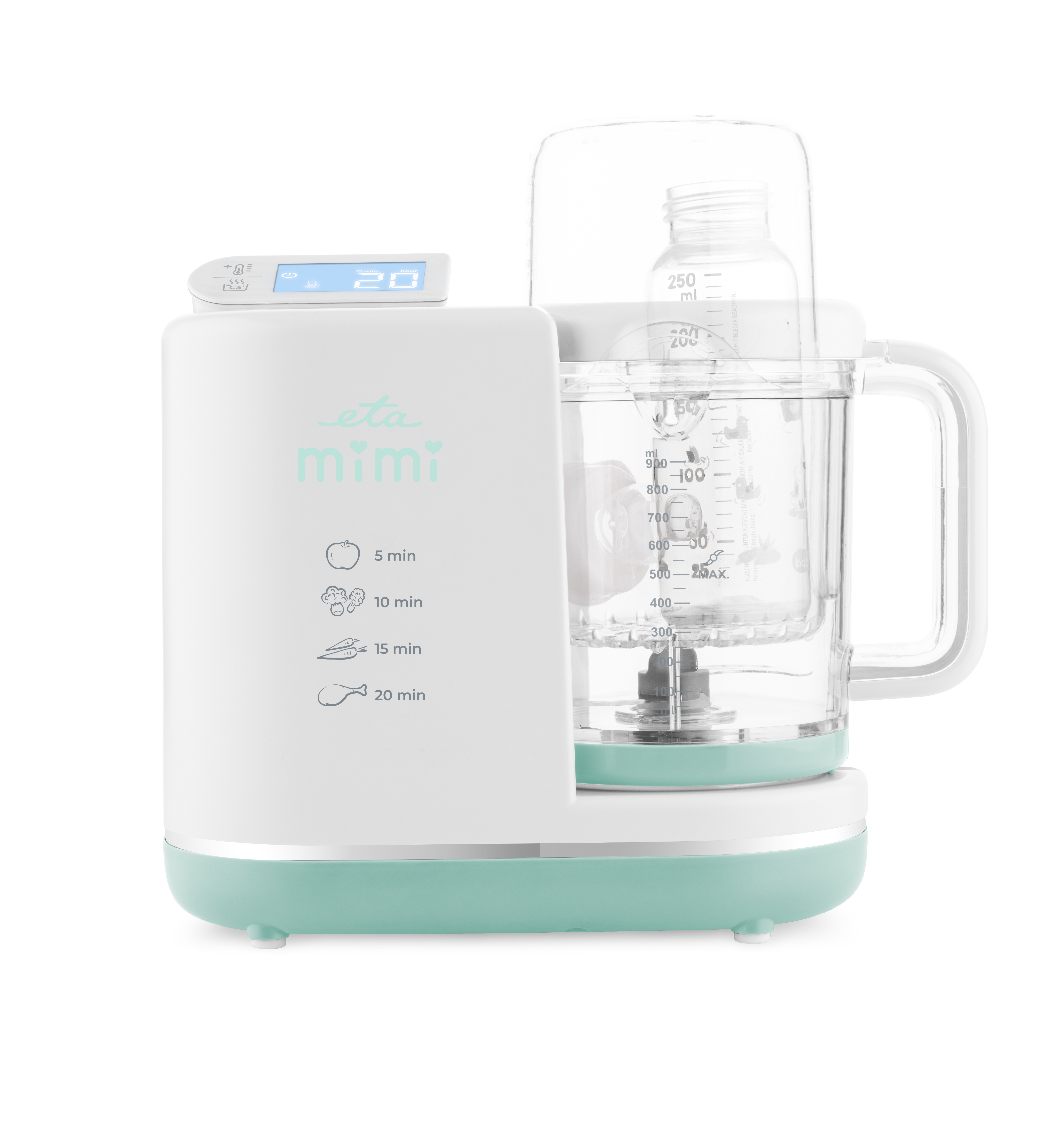 Un robot da cucina per bambini bianco e verde acqua. Ha un display digitale, un timer e un contenitore trasparente.