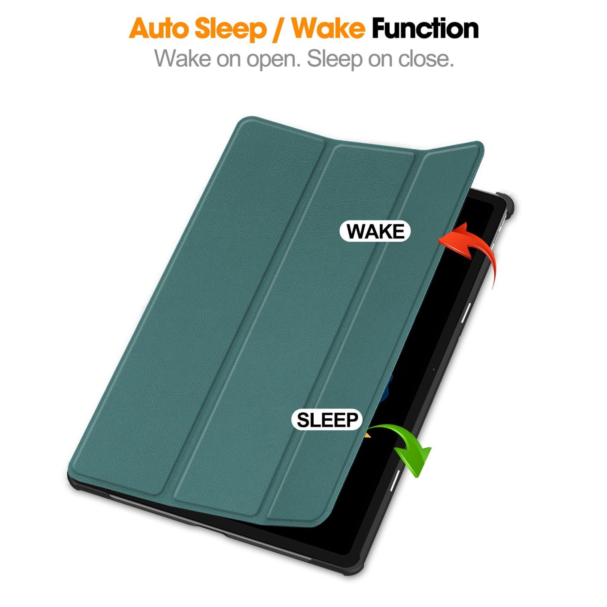 Tablet-Hülle mit Auto-Sleep/Wake-Funktion. Grüne Hülle offen, Bildschirm sichtbar. Rote/grüne Pfeile zeigen Wake/Sleep.