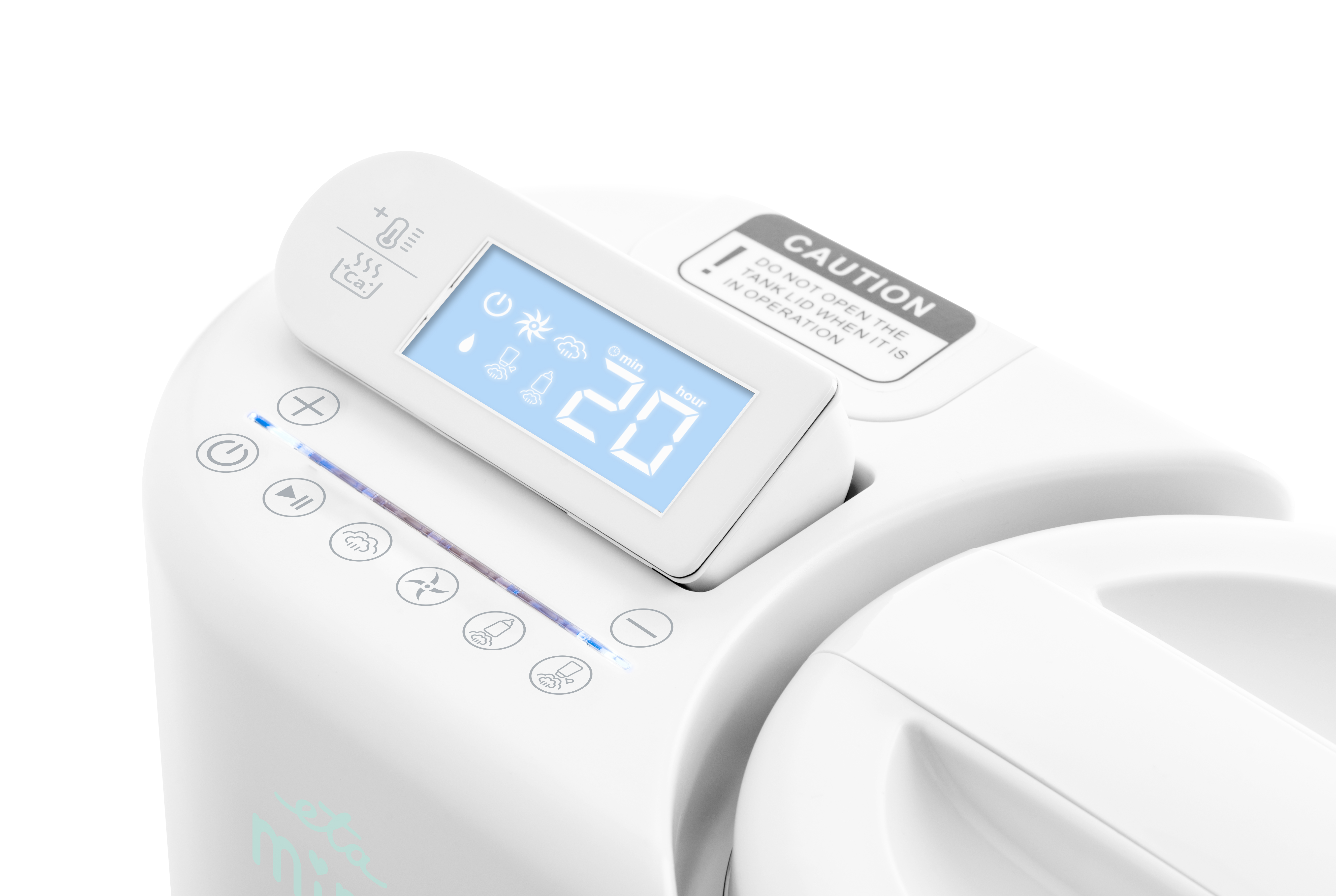 Dispositivo bianco con display digitale che mostra '20'. Le icone includono un sole, una nuvola e una goccia d'acqua. È visibile un'etichetta di avvertenza.