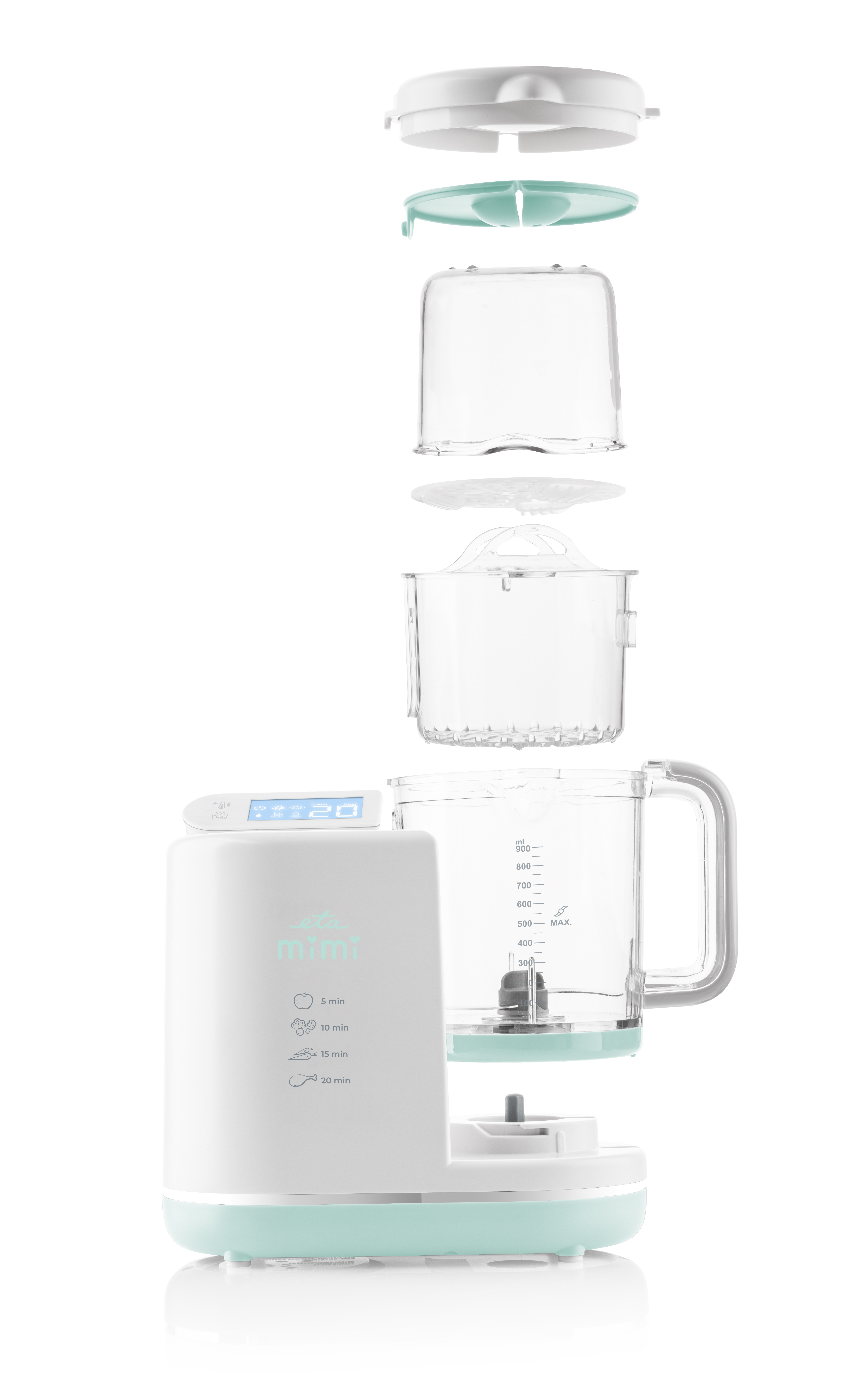 Vista esplosa di un baby food maker bianco e turchese. Componenti separati, che mostrano coperchio, vaporiera e frullatore.