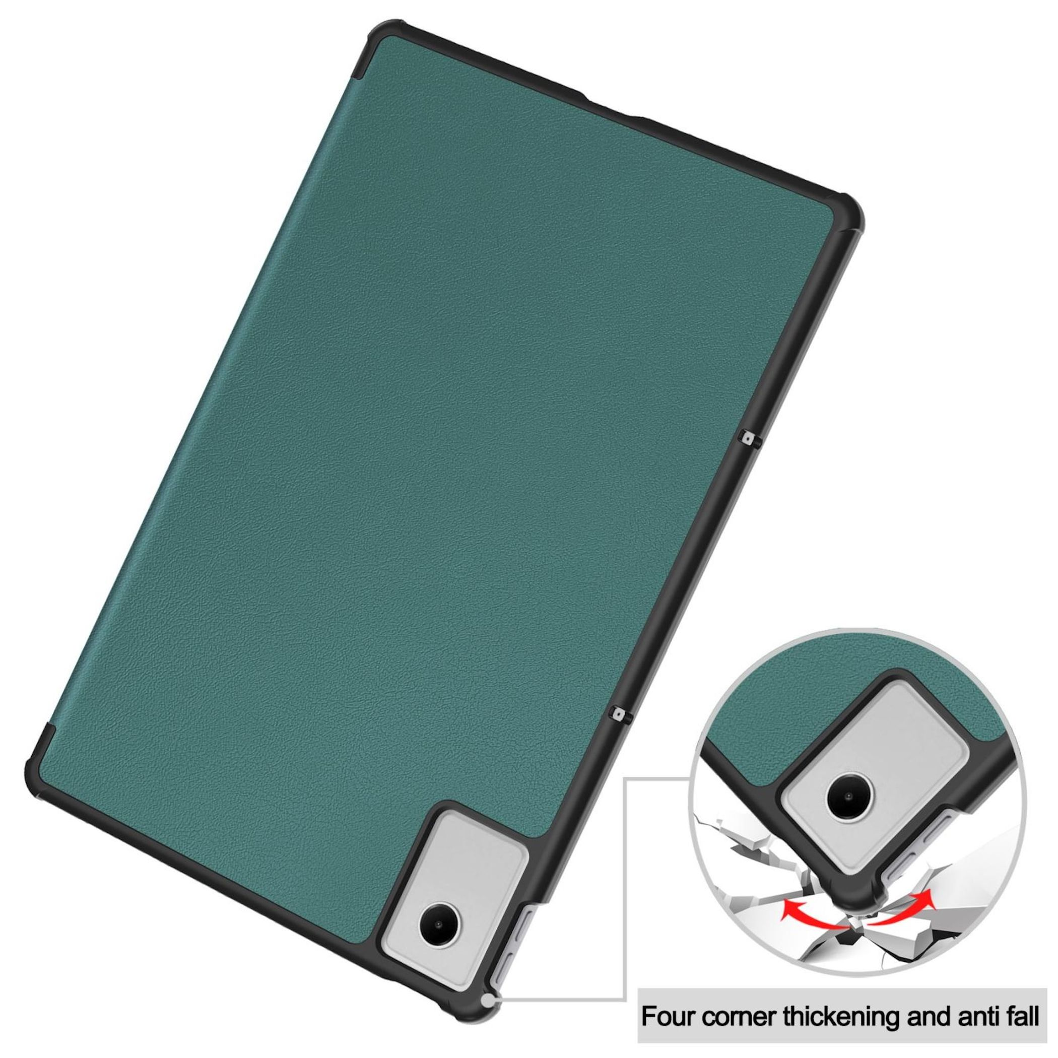 Tablethülle in Teal-Grün mit schwarzen Rändern. Eine Einlage zeigt die Anti-Fall-Funktion, die den Eckenschutz hervorhebt.
