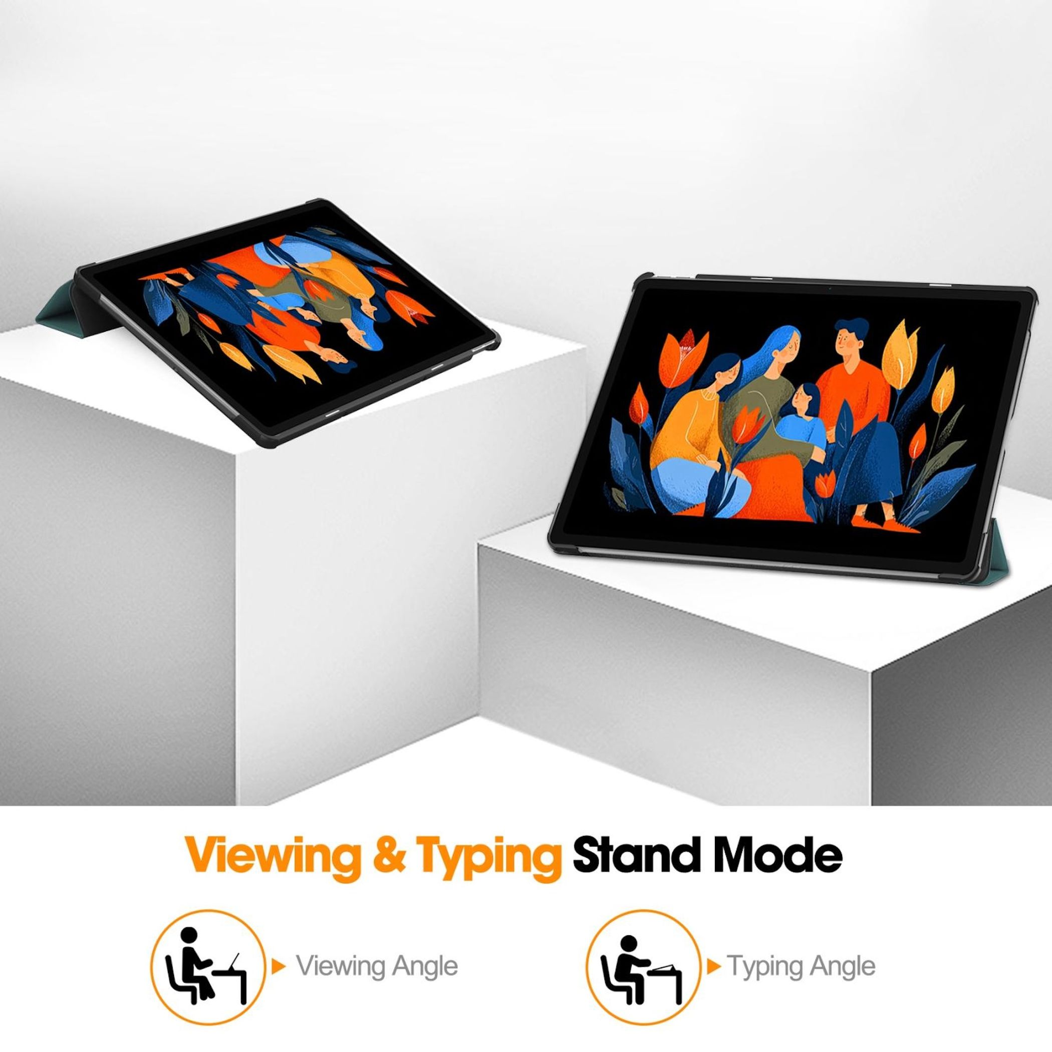 Tablets auf weißen Blöcken. Die Bildschirme zeigen Illustrationen von Menschen. Das Bild bewirbt den Betrachtungs- und Tippmodus.