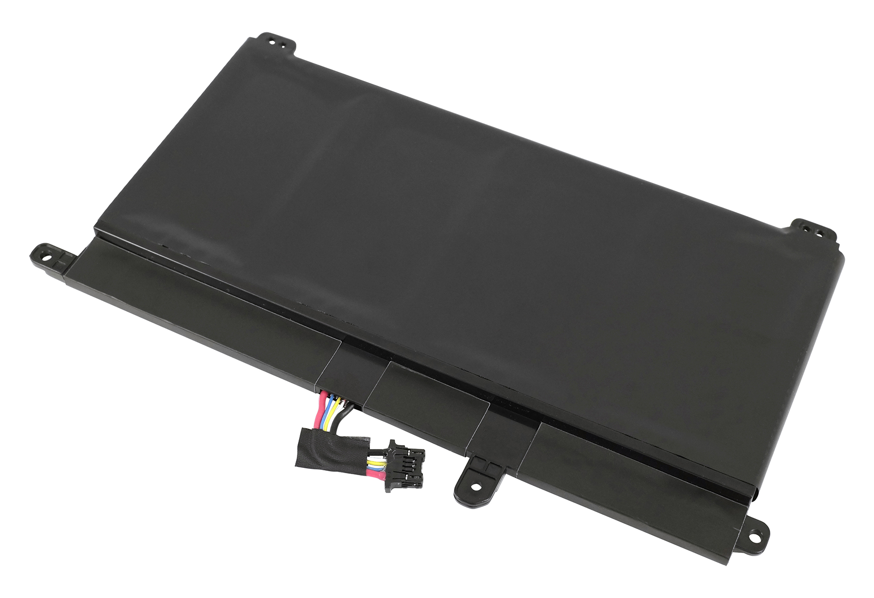 Ein schwarzer Laptop-Akku mit Stecker und farbigen Drähten ist auf weißem Hintergrund isoliert.