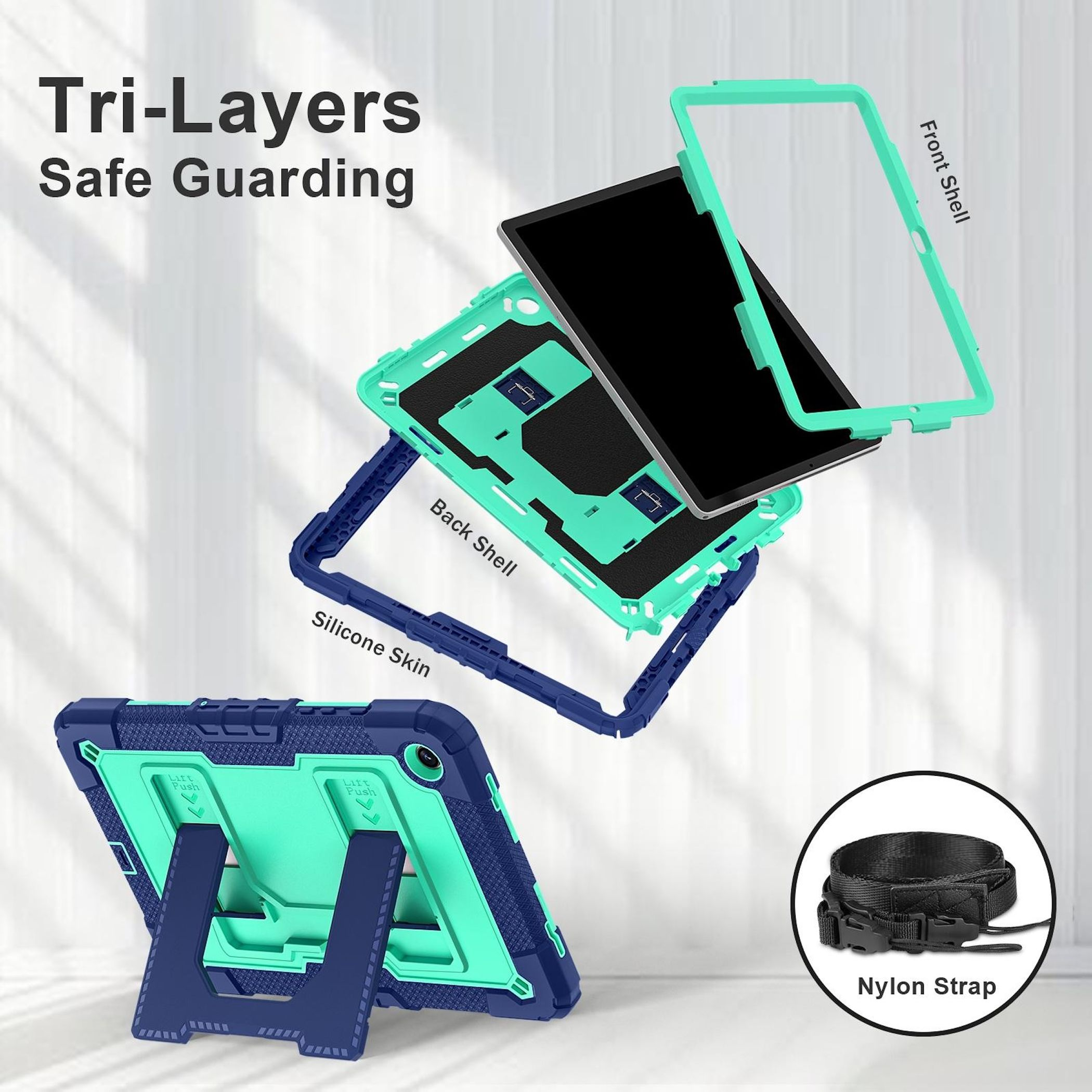 Tablet-Hülle mit Schichten, blau und grün, mit Nylonriemen. Enthält vordere und hintere Schalen und Silikonhaut.