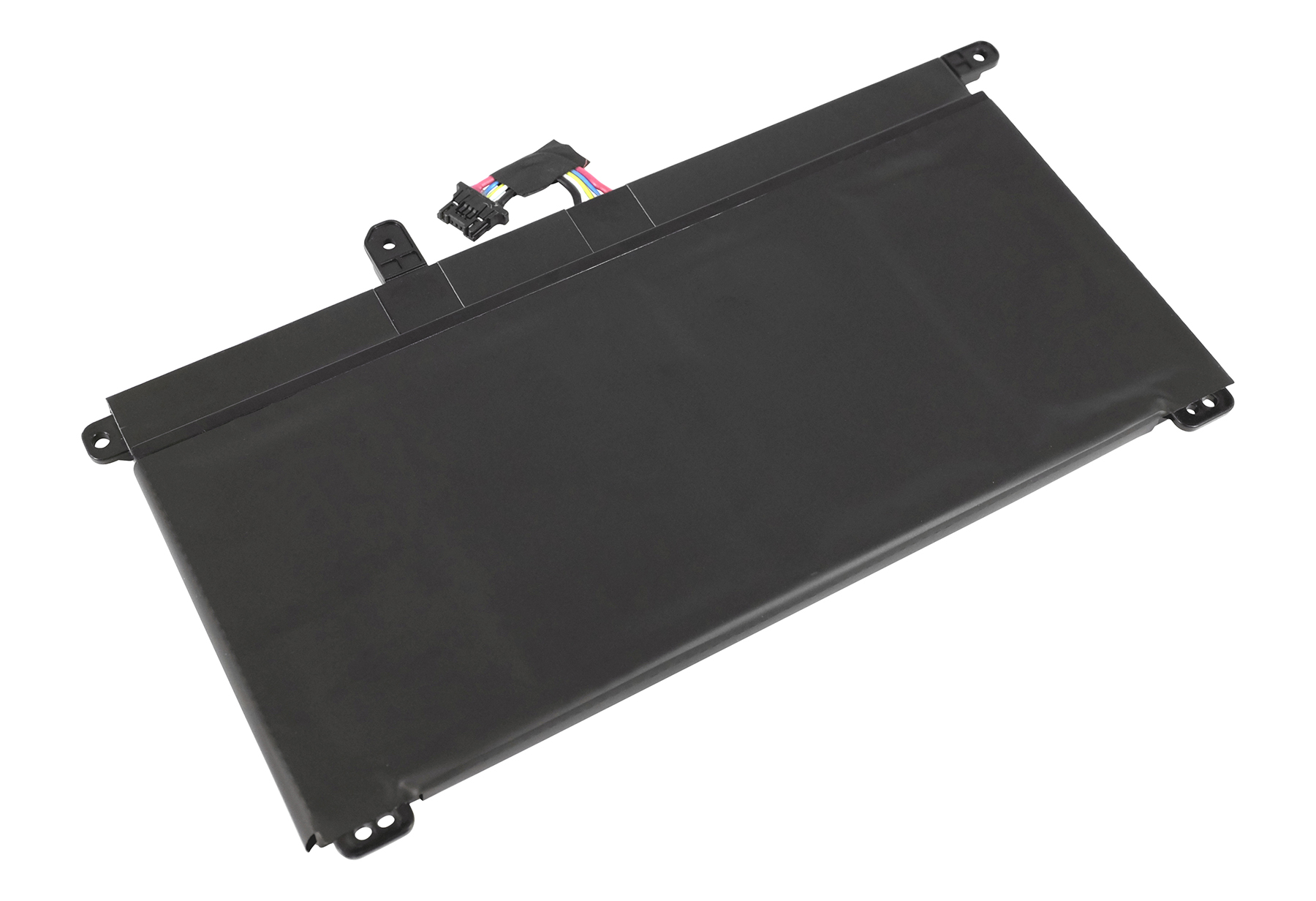 Ein schwarzer Laptop-Akku mit Stecker und farbigen Drähten. Der Akku ist rechteckig mit abgerundeten Ecken auf weißem Hintergrund.