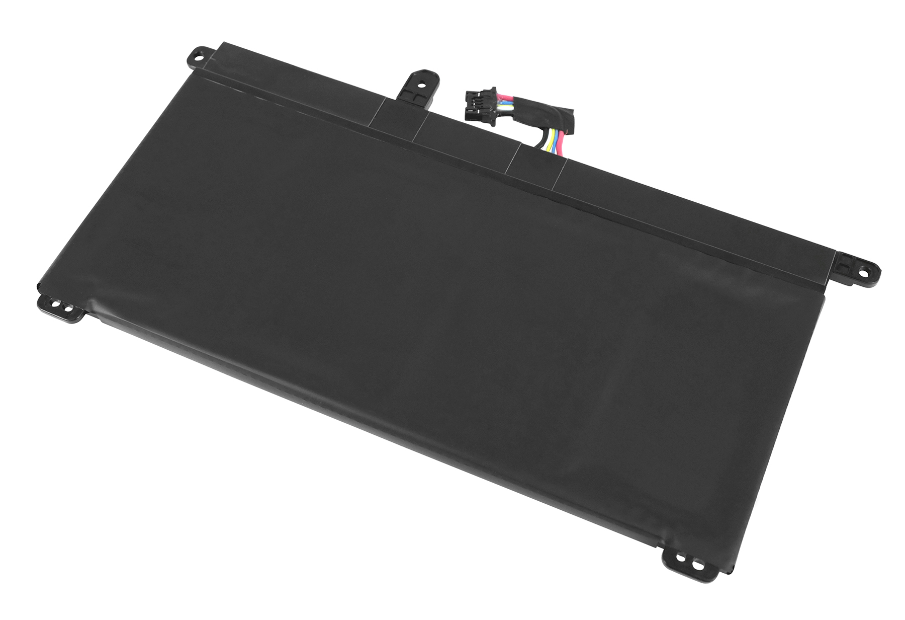 Ein schwarzer Laptop-Akku mit Anschluss. Er hat eine rechteckige Form mit abgerundeten Ecken. Drähte in verschiedenen Farben sind sichtbar.