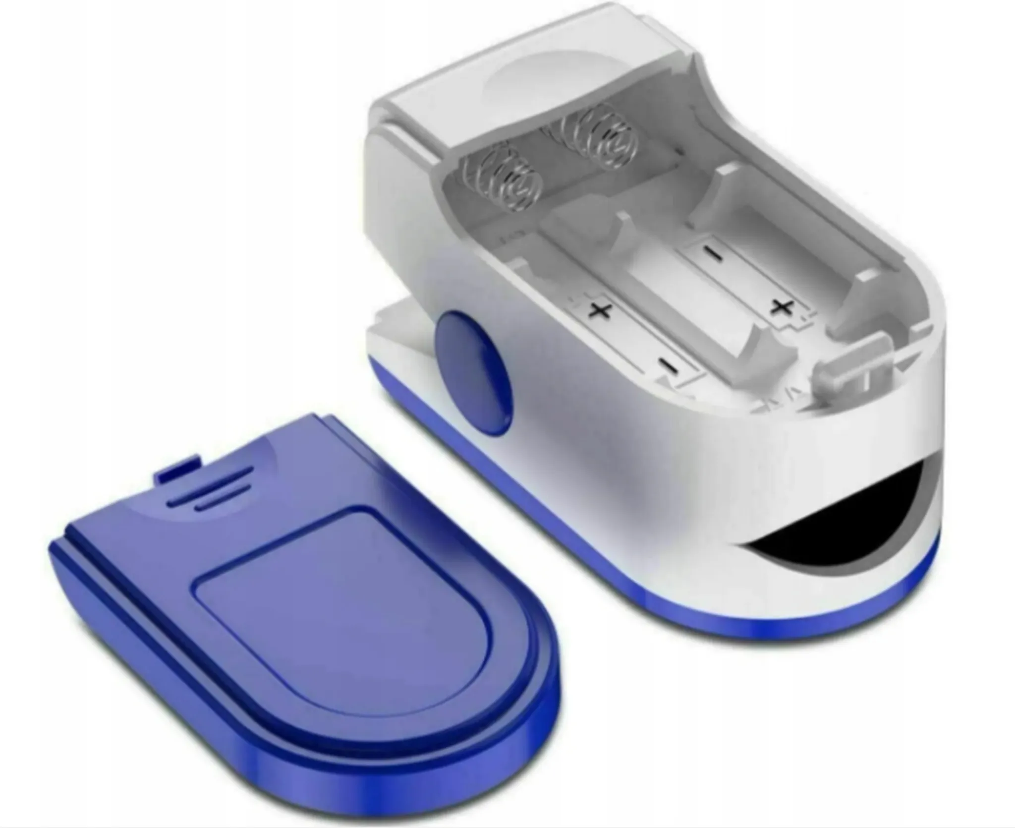 Ein offenes weiß-blaues Oximeter mit abgenommener blauer Abdeckung. Das Gerät enthält Batteriefächer und Federn.