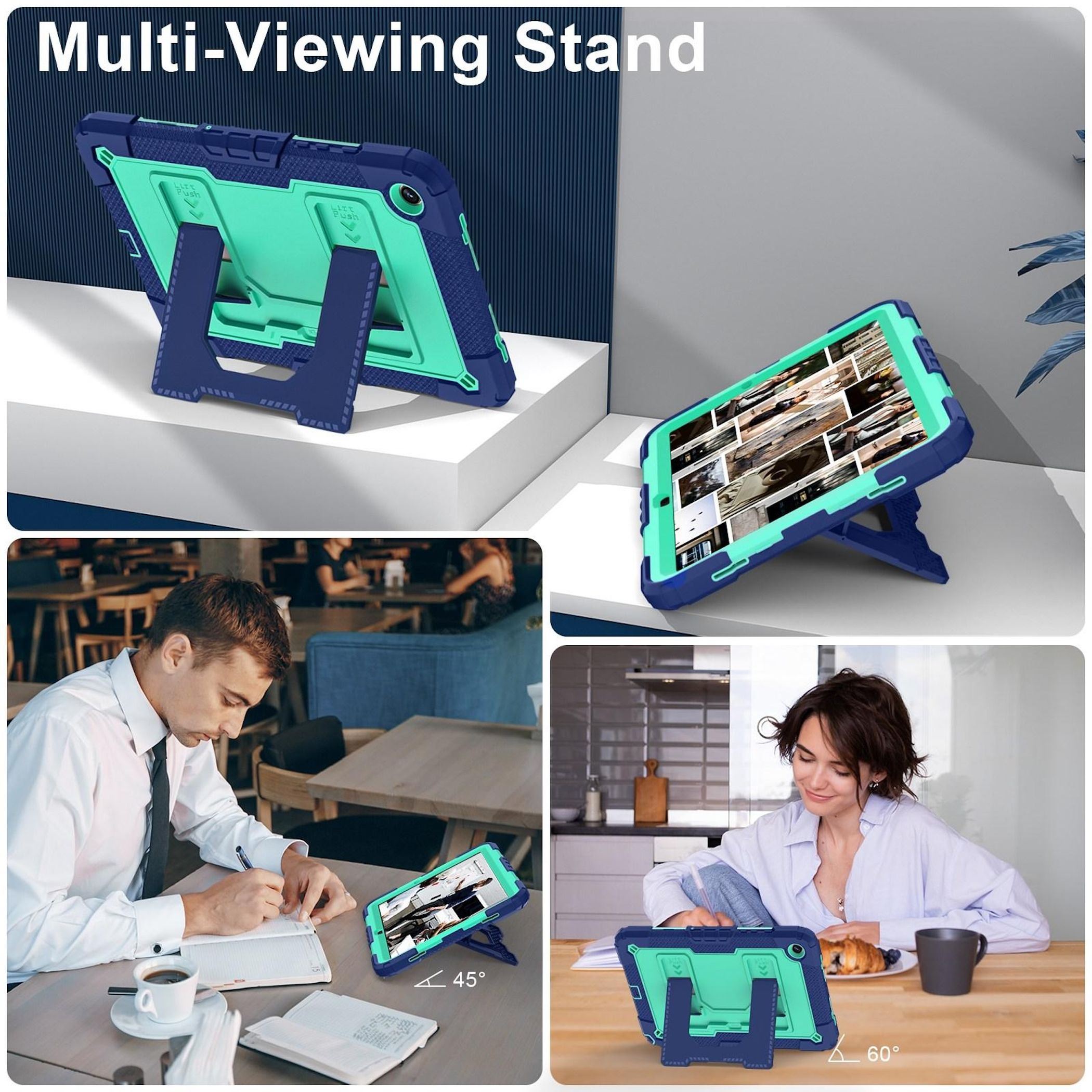 Produktbilder zeigen einen Multi-Viewing-Ständer für ein Tablet. Menschen benutzen es in verschiedenen Winkeln. Blau und grün.