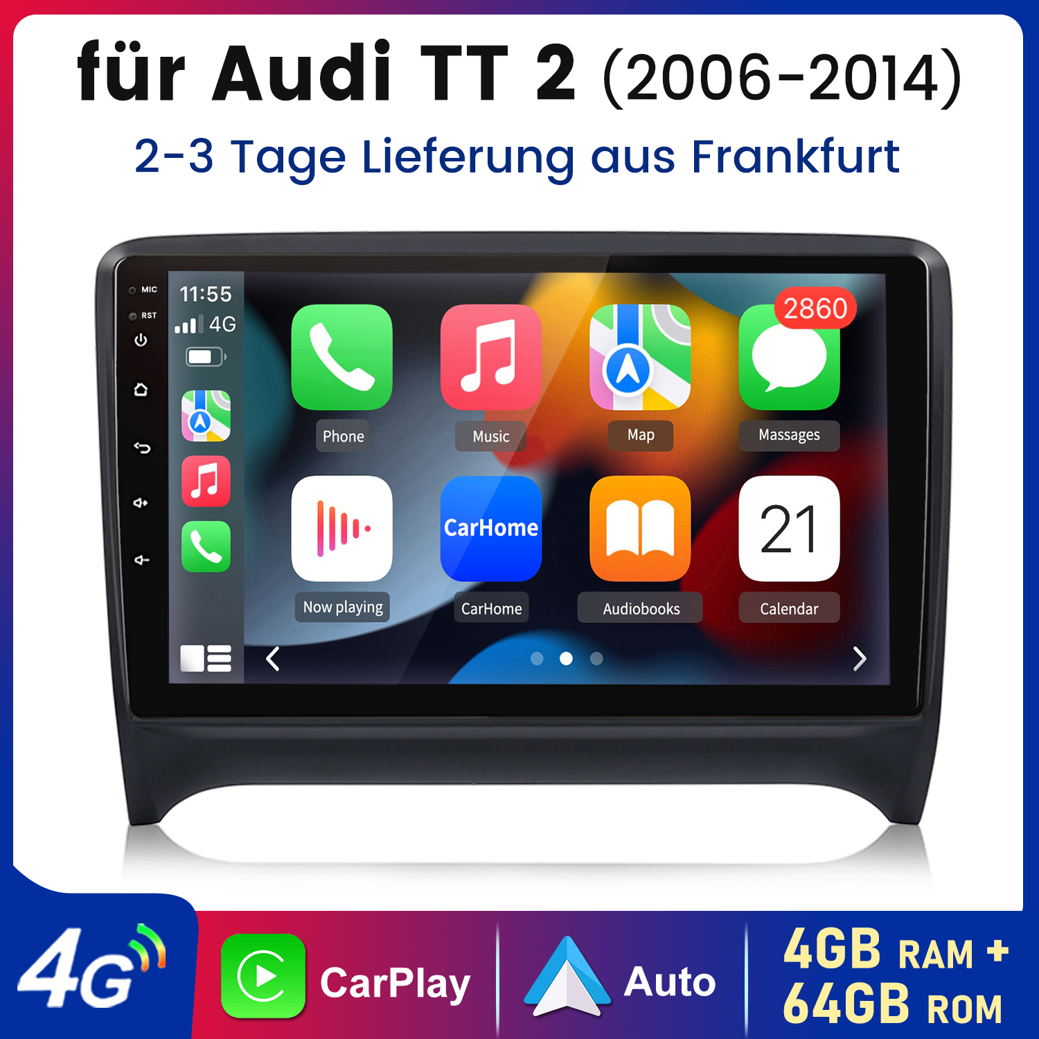 Auto-Infotainment-System mit App-Symbolen auf dem Bildschirm, darunter Telefon, Musik und Karten, mit 4G- und CarPlay-Logo.