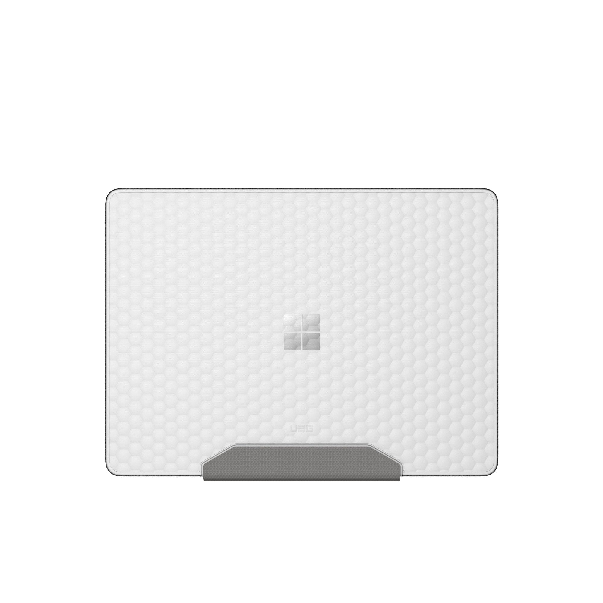 Weiße Laptoptasche mit Wabenmuster. Unten befindet sich ein grauer Ständer. Das Microsoft-Logo ist in der Mitte.