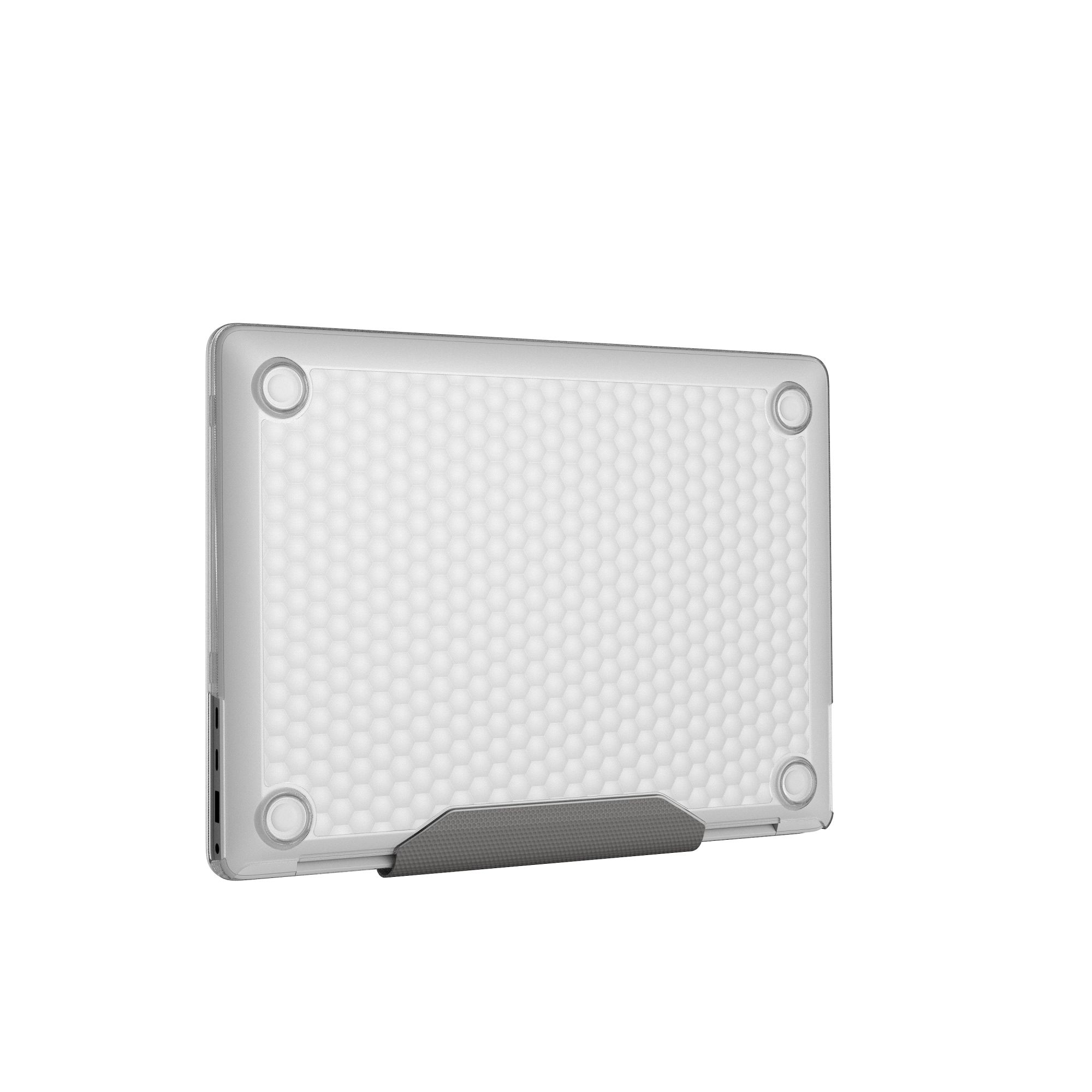 Eine transparente Schutzhülle für Laptops. Sie hat ein Wabenmuster und einen grauen Griff. Vier kreisförmige Merkmale sind sichtbar.