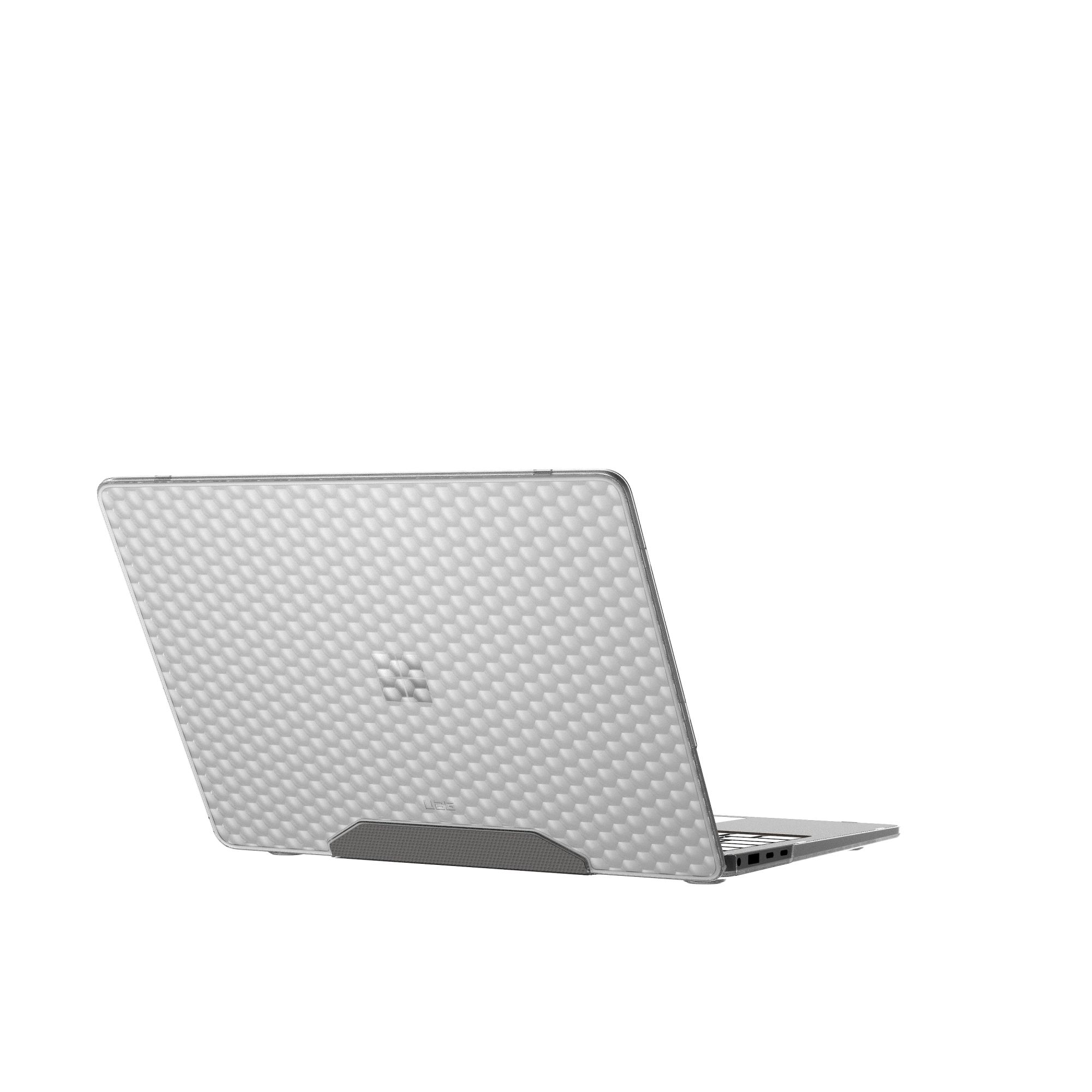 Ein Laptop mit einer durchsichtigen, gemusterten Hülle steht auf weißem Hintergrund. Die Hülle hat ein Wabenmuster.