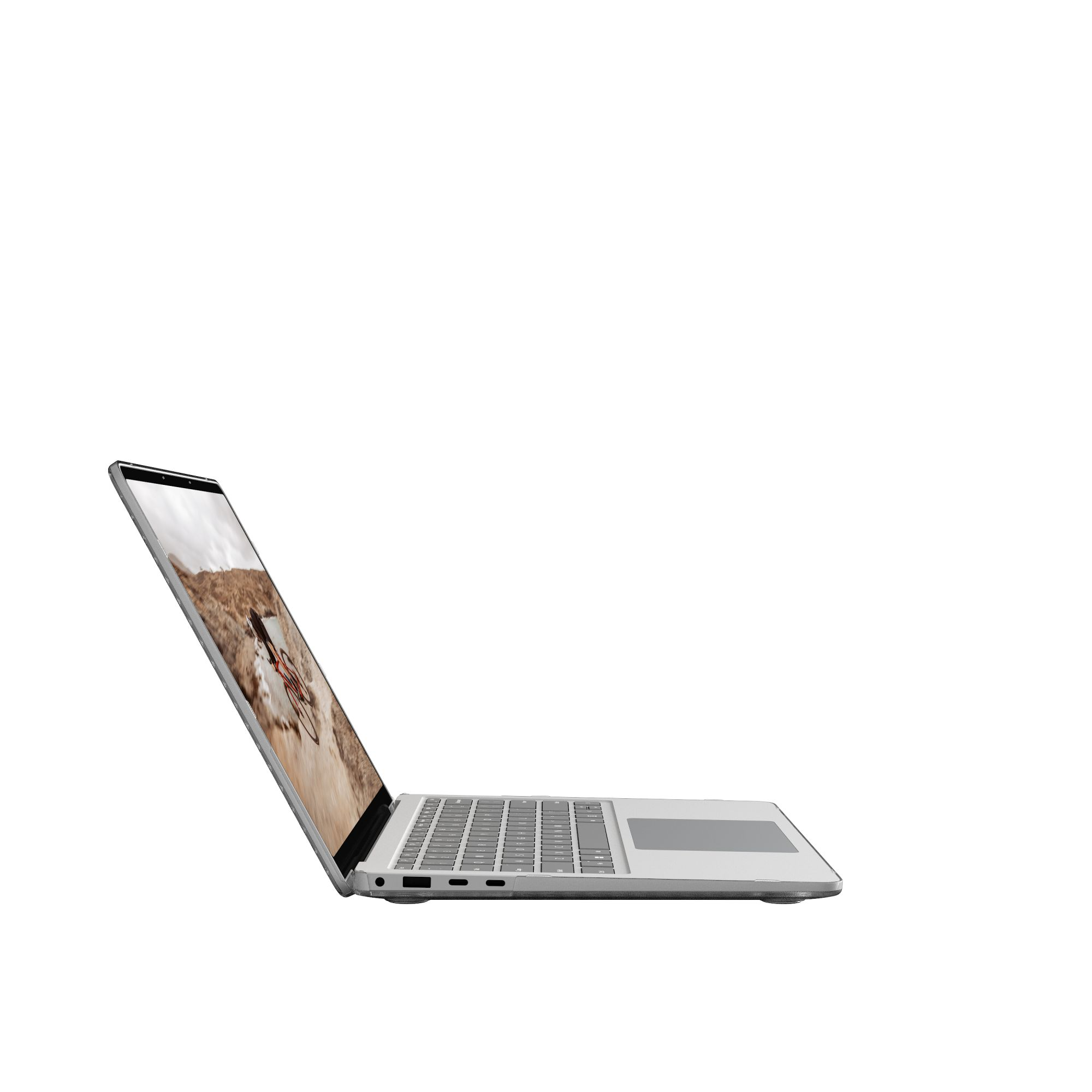 Ein silberner Laptop ist geöffnet und zeigt eine Landschaft. Der Laptop ist angewinkelt und zeigt Tastatur und Trackpad.