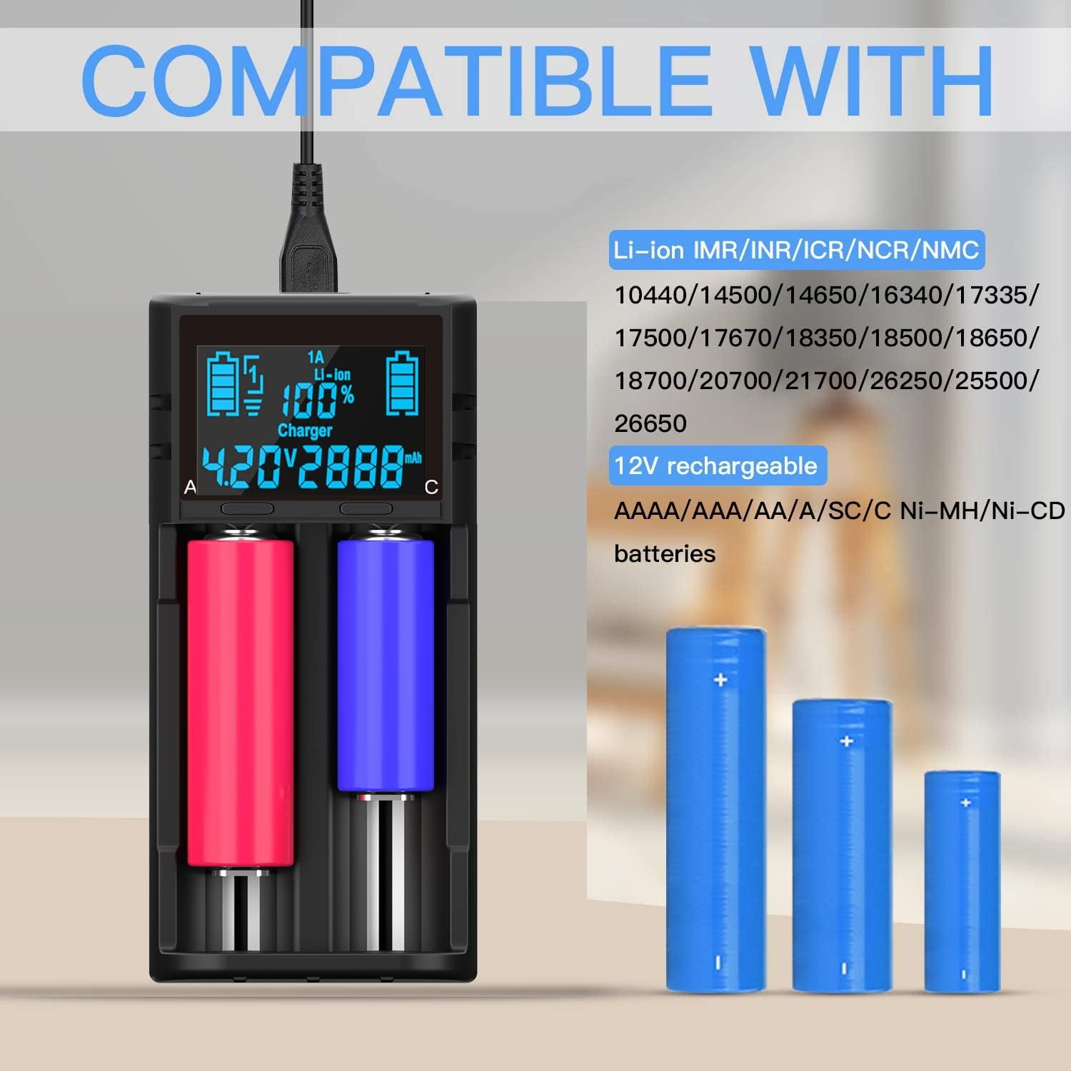 Batterieladegerät mit roten und blauen Batterien. Kompatibel mit verschiedenen Batterietypen, Anzeige von Spannung und Ladung.
