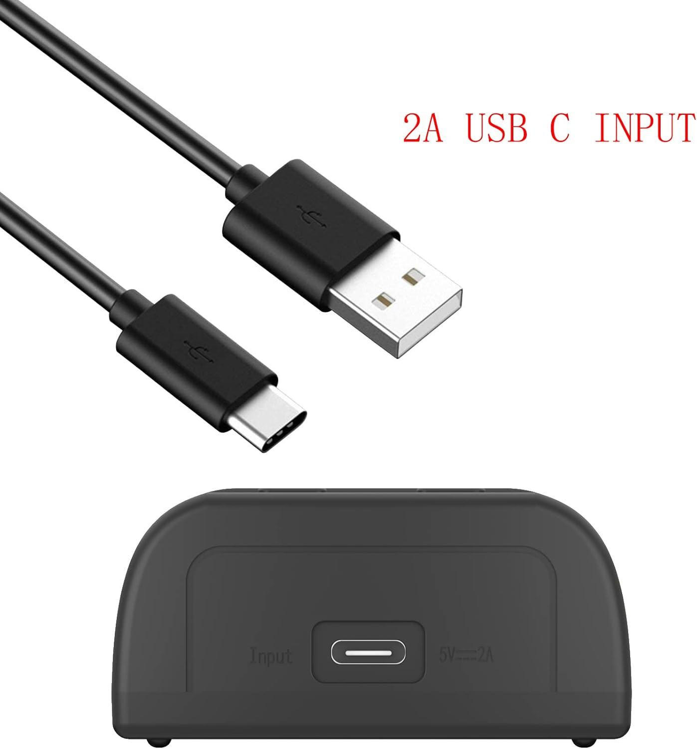 Schwarzes USB-C-Kabel und USB-Kabel, verbunden mit einem schwarzen rechteckigen Gerät. Text: 2A USB C INPUT.