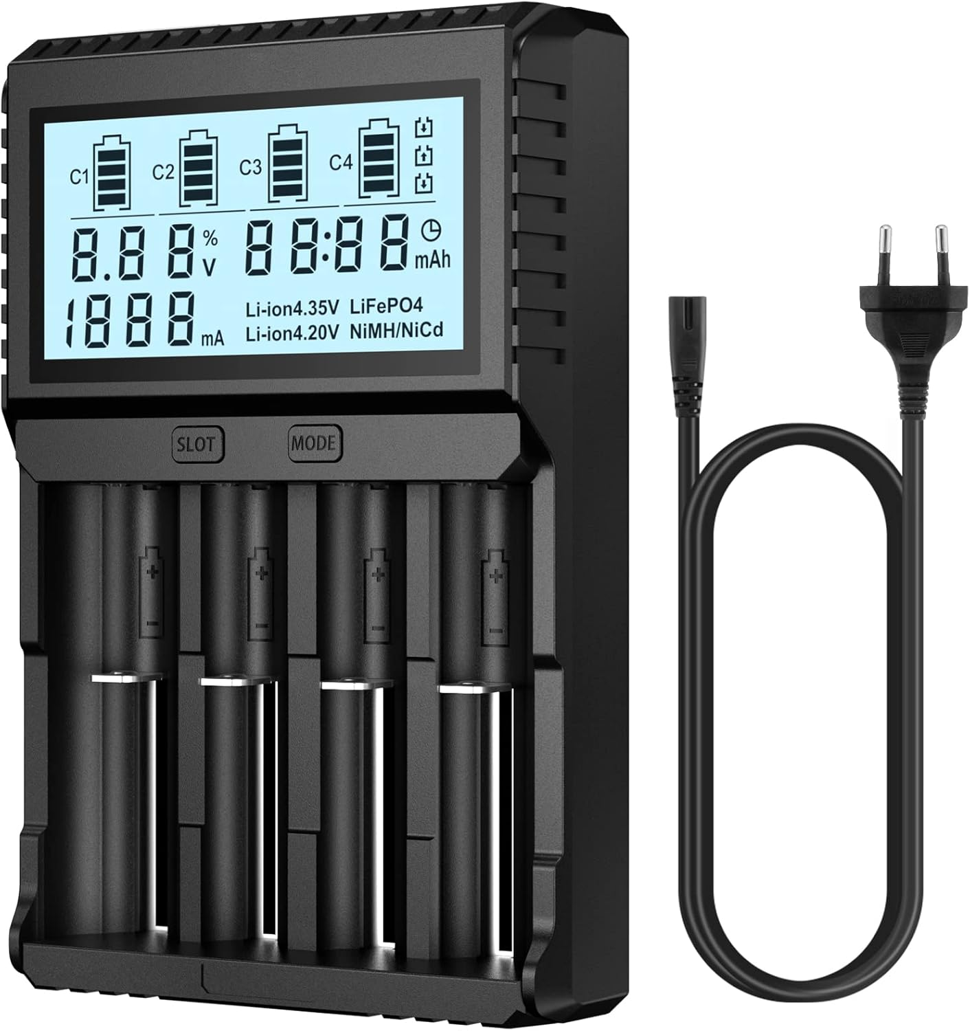 Schwarzes Batterieladegerät mit Digitalanzeige, die Batteriestände, Spannung und Strom anzeigt. Enthält ein Netzkabel mit Eurostecker.