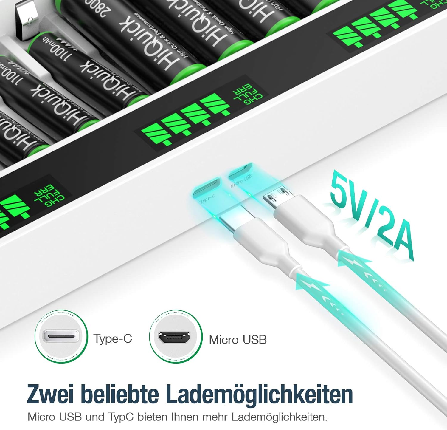 Eine weiße Ladestation mit grünen Lichtern, schwarzen und grünen Batterien und weißen USB-Kabeln. Text zeigt Ladeoptionen.