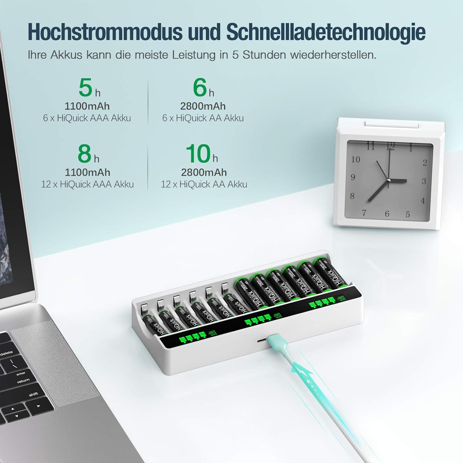 Ein Ladegerät mit Batterien, eine Uhr und ein Laptop. Das Ladegerät ist mit einem Kabel verbunden. Text über Ladezeiten wird angezeigt.