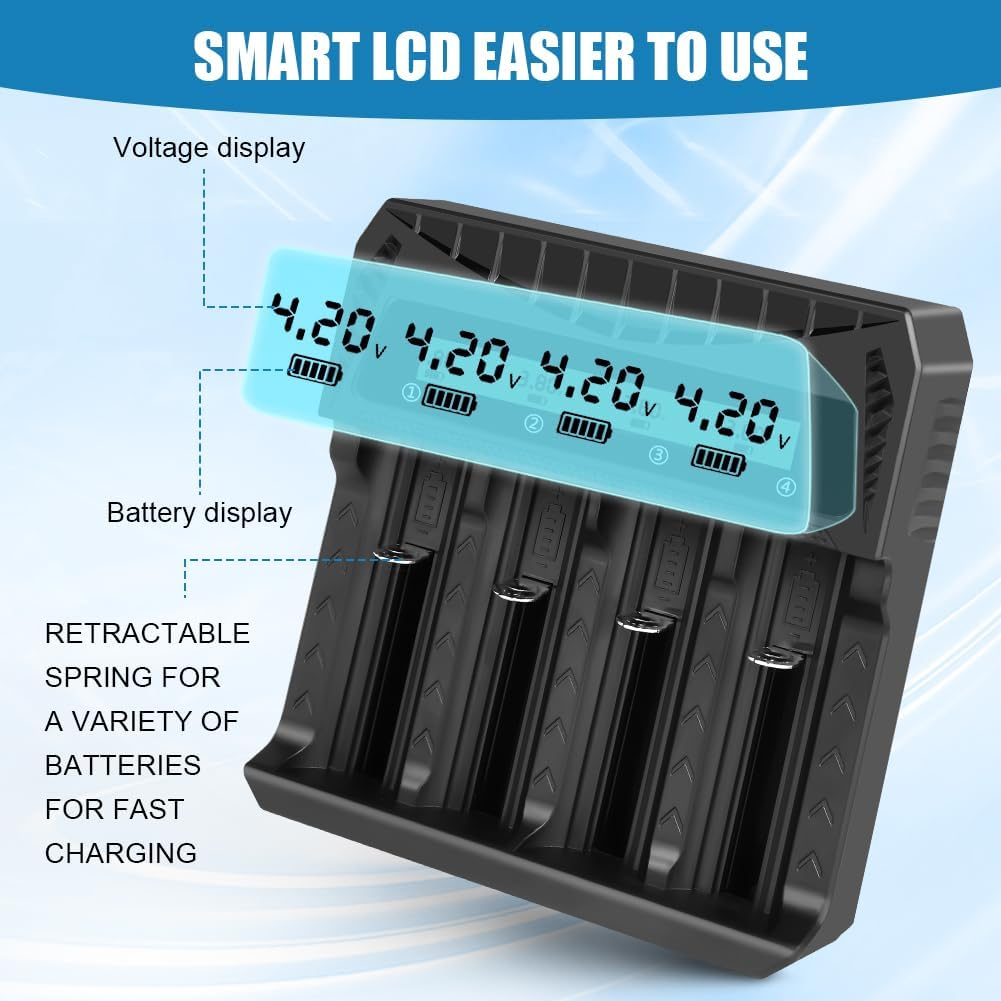 Schwarzes Batterieladegerät mit blauem Display, das die Spannung anzeigt. Der Text weist auf einfache Bedienung und schnelles Laden hin.