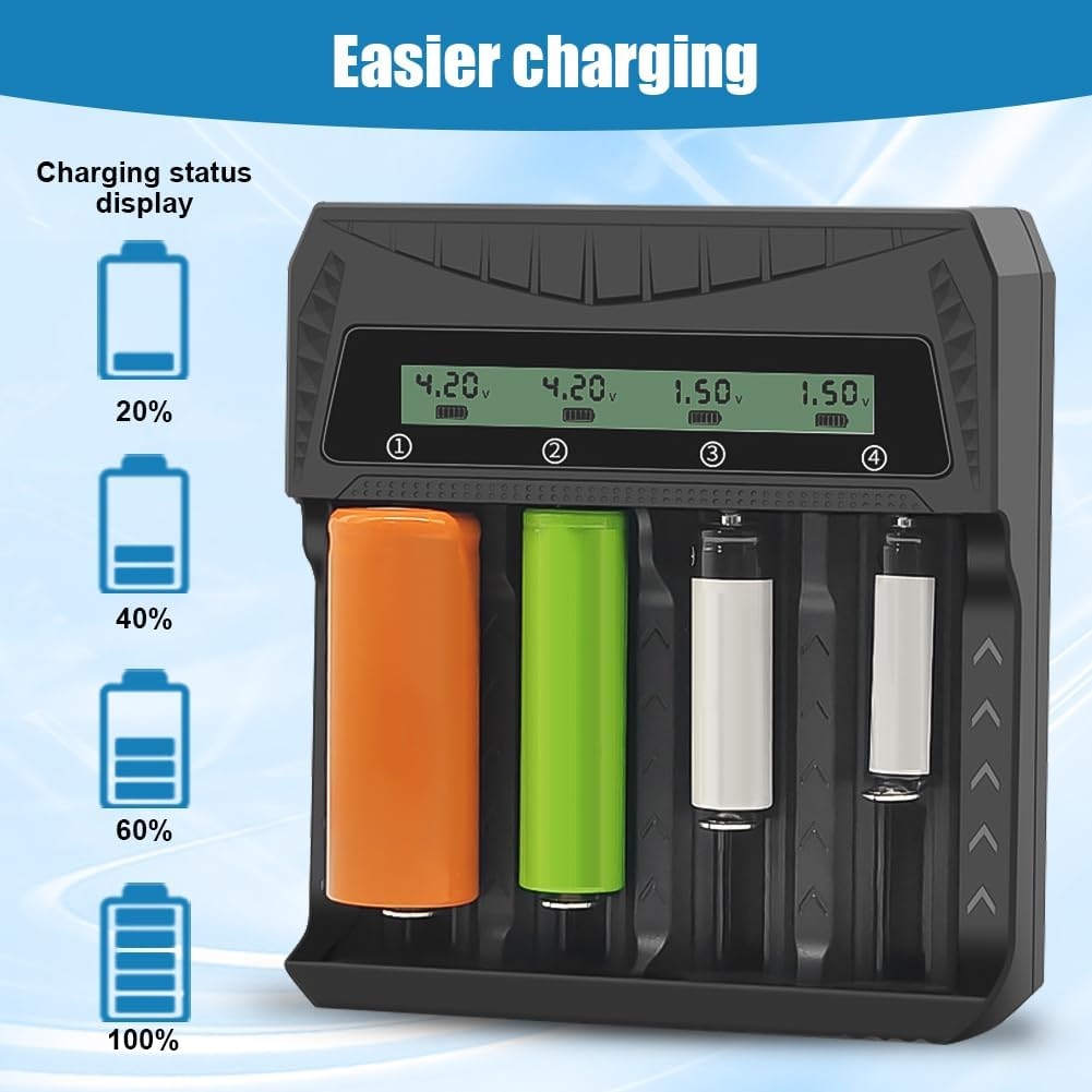 Ein schwarzes Ladegerät mit vier unterschiedlich farbigen Batterien und Ladeständen, zeigt Spannungswerte an.