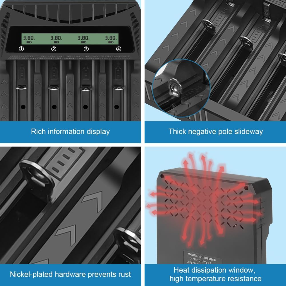 Ein schwarzes Batterieladegerät mit vier Displays, die 3,80 V anzeigen. Es hat Steckplätze für Batterien und ein Wärmeableitungsfenster.