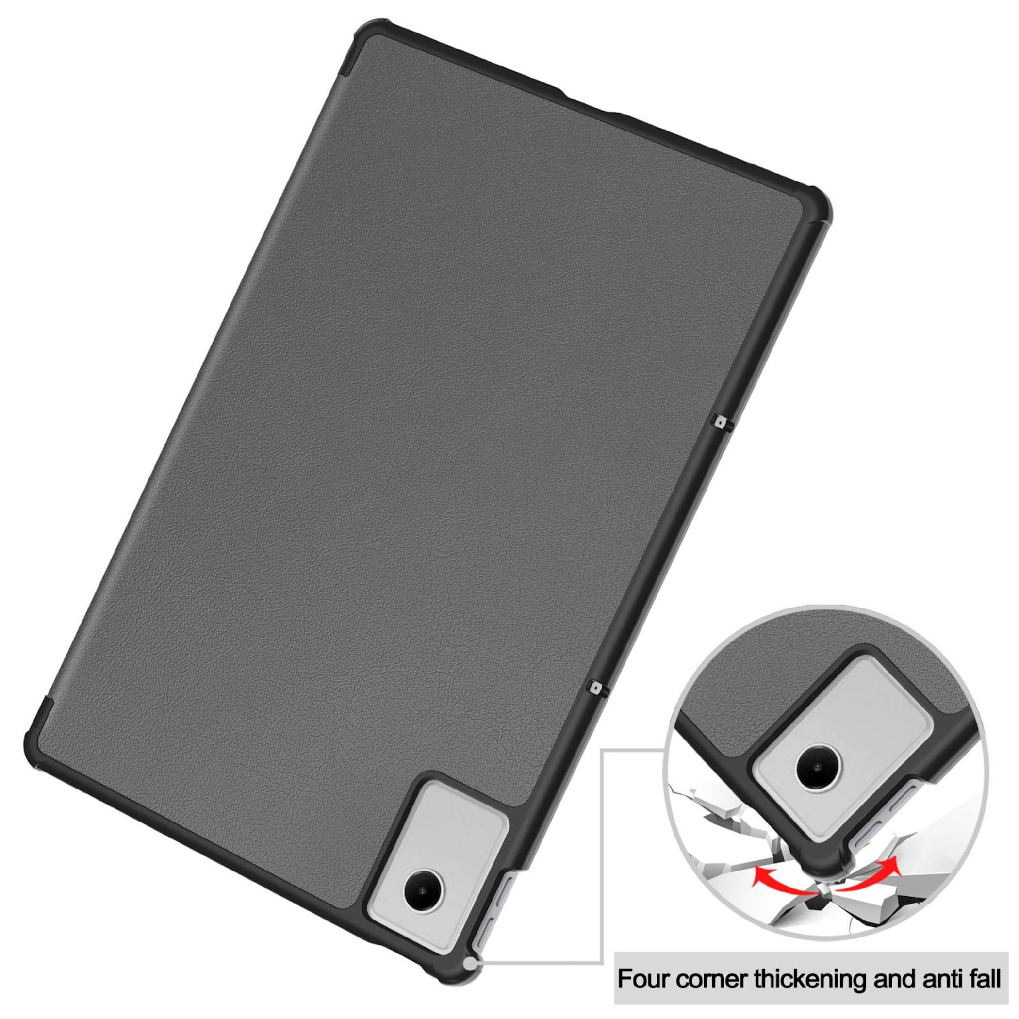 Eine Tablet-Hülle, grau mit schwarzem Rand, abgewinkelt. Ein Diagramm zeigt die Stoßfestigkeit der Ecke.