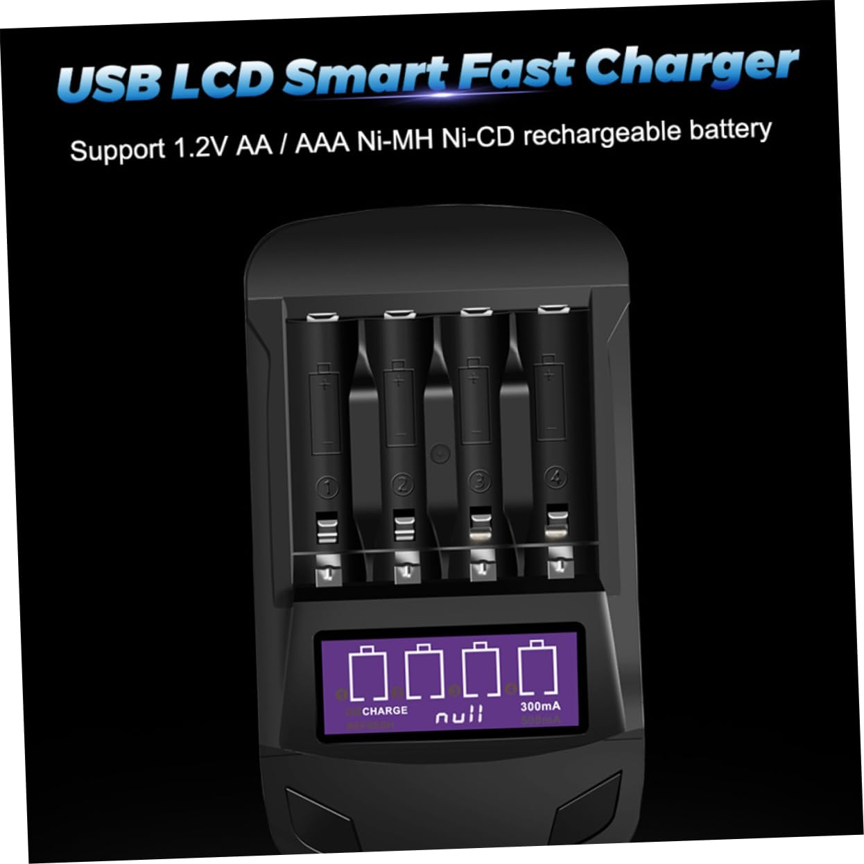 Ein schwarzes USB-LCD-Smart-Schnellladegerät. Es unterstützt 1,2 V AA/AAA Ni-MH Ni-CD Batterien. Es hat einen LCD-Bildschirm mit Ladeanzeigen.
