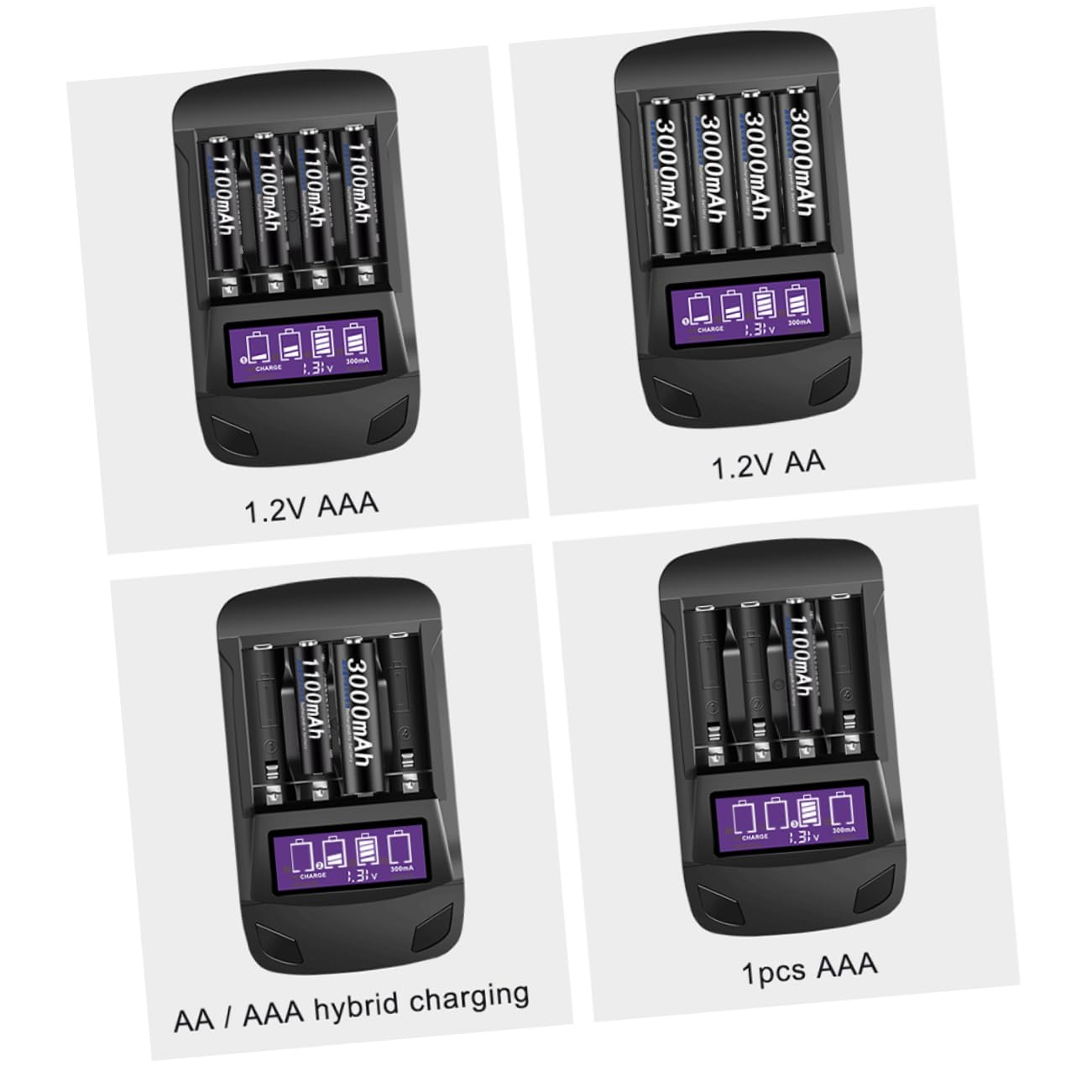 Vier Batterieladegeräte mit Batterien mit der Aufschrift 1100 mAh, 3000 mAh und ein Display mit Ladestatus.