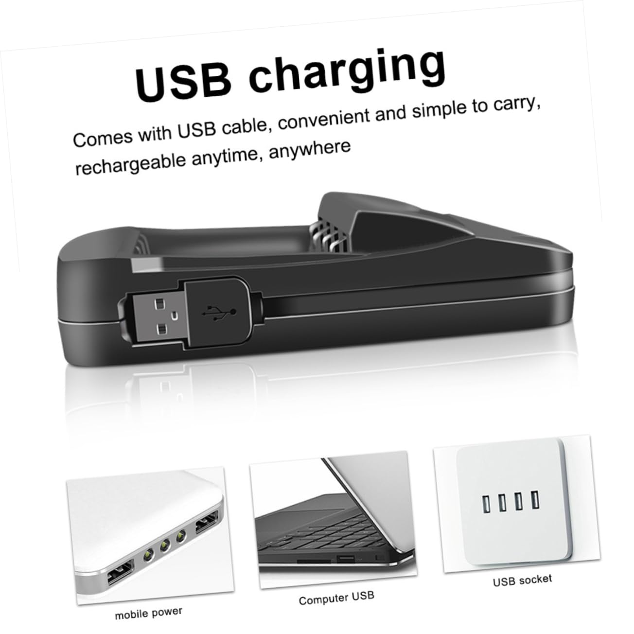 Schwarzes USB-Ladegerät mit USB-Anschluss und Ladesymbol. Enthält Beispiele für mobile Stromversorgung, Computer-USB und USB-Buchse.