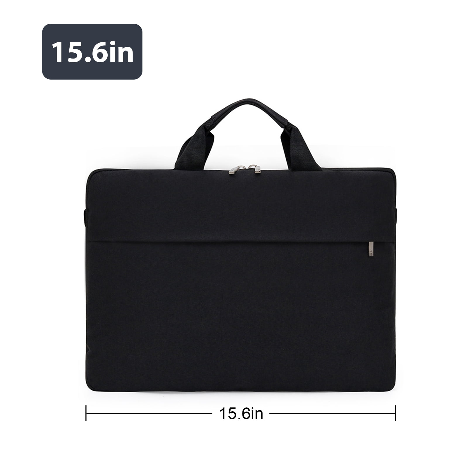 Eine schwarze Laptoptasche mit Griff. Sie hat ein Größenetikett von 15,6 Zoll. Der Hintergrund ist weiß.