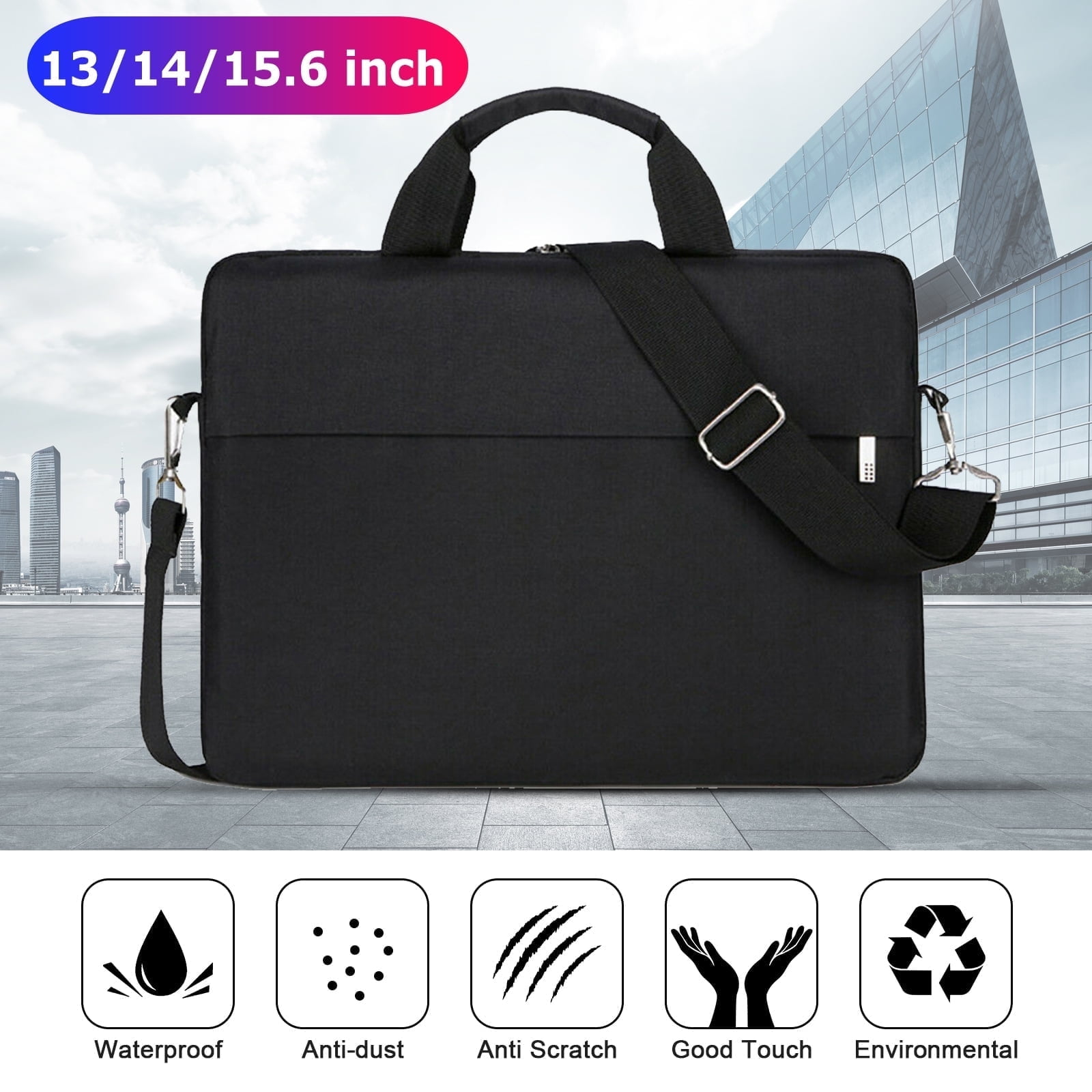 Schwarze Laptoptasche mit Griff und Schultergurt. Symbole zeigen Funktionen: wasserdicht, staubdicht, kratzfest, gute Haptik und umweltfreundlich.