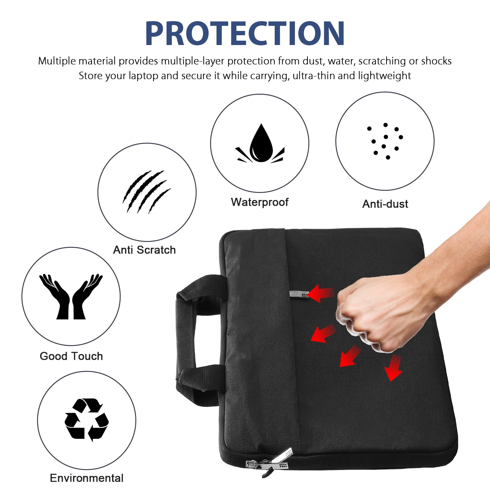 Eine schwarze Laptoptasche mit einer Hand, die darauf zeigt. Symbole zeigen Schutzfunktionen: kratzfest, wasserdicht, staubdicht, gute Haptik.