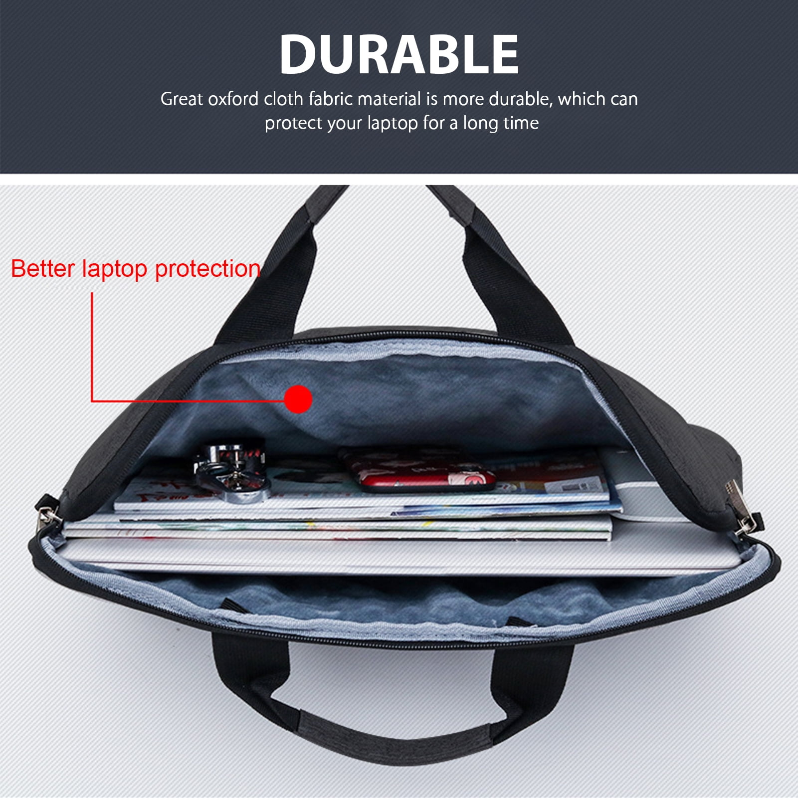 Offene schwarze Laptoptasche mit Laptop, Zeitschriften und Zubehör. Die Tasche hat Griffe und einen Reißverschluss.