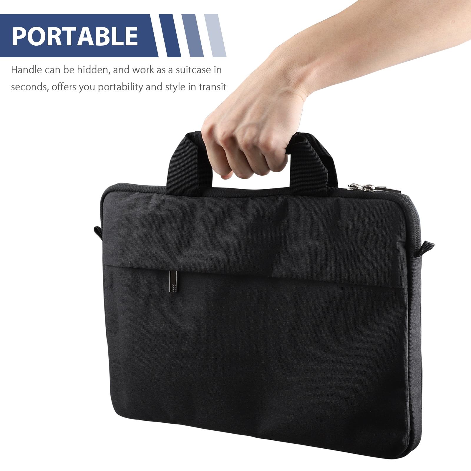 Eine Hand hält eine schwarze Aktentasche. Oben steht das Wort PORTABLE mit einer Grafik. Die Aktentasche ist vor weißem Hintergrund.