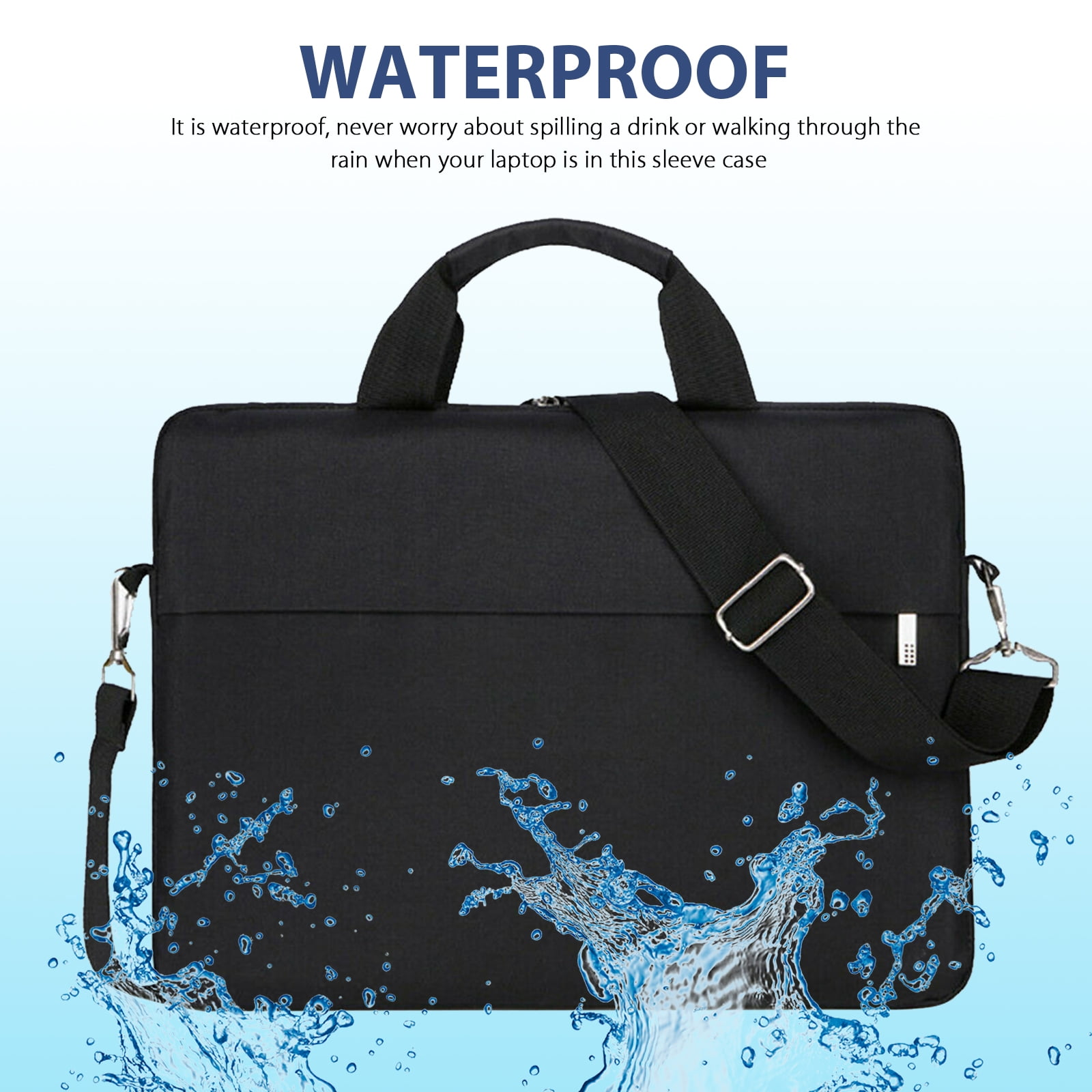 Schwarze Laptoptasche mit Griff und Riemen. Wasserspritzeffekt. Text: Wasserdicht. Keine Sorgen bei Verschütten oder Regen.