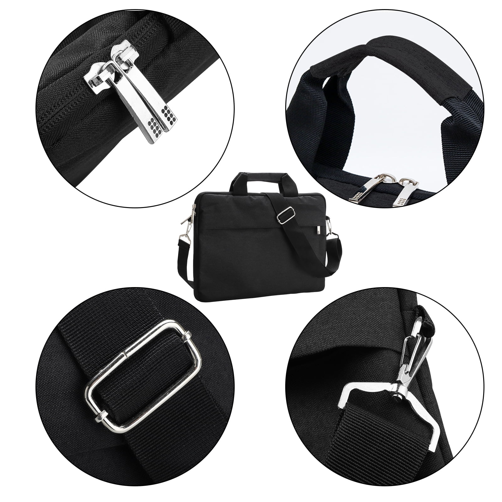Schwarze Laptoptasche mit Detailaufnahmen. Reißverschlüsse, Riemen, Griff und Metallbeschläge sind hervorgehoben.