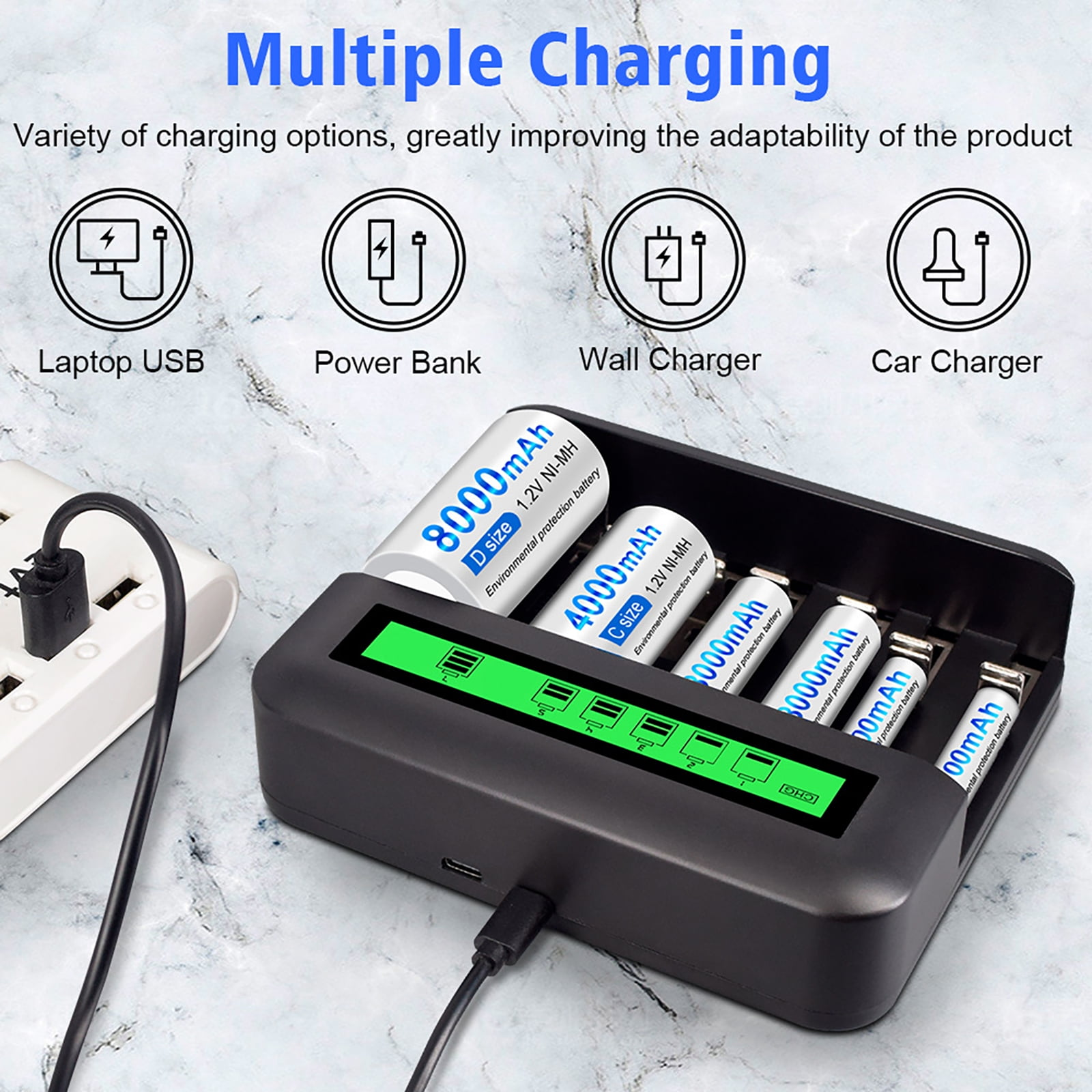 Das Bild zeigt ein Ladegerät mit Batterien. Optionen sind Laptop, Powerbank, Wand- und Autoladegerät.