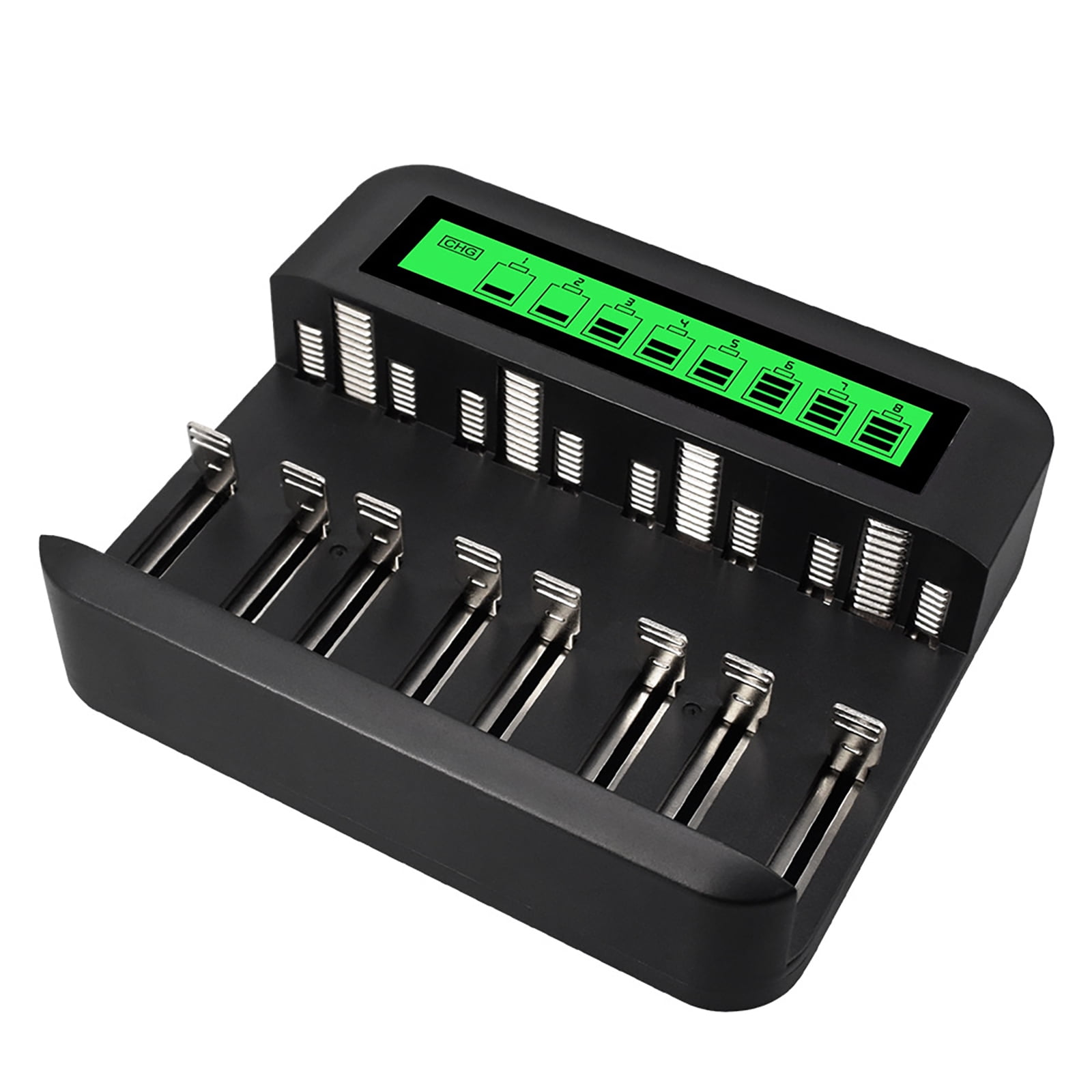 Ein schwarzes Batterieladegerät mit acht Schlitzen. Es hat ein grünes Display, das den Batteriestand anzeigt. Das Ladegerät steht auf weißem Hintergrund.