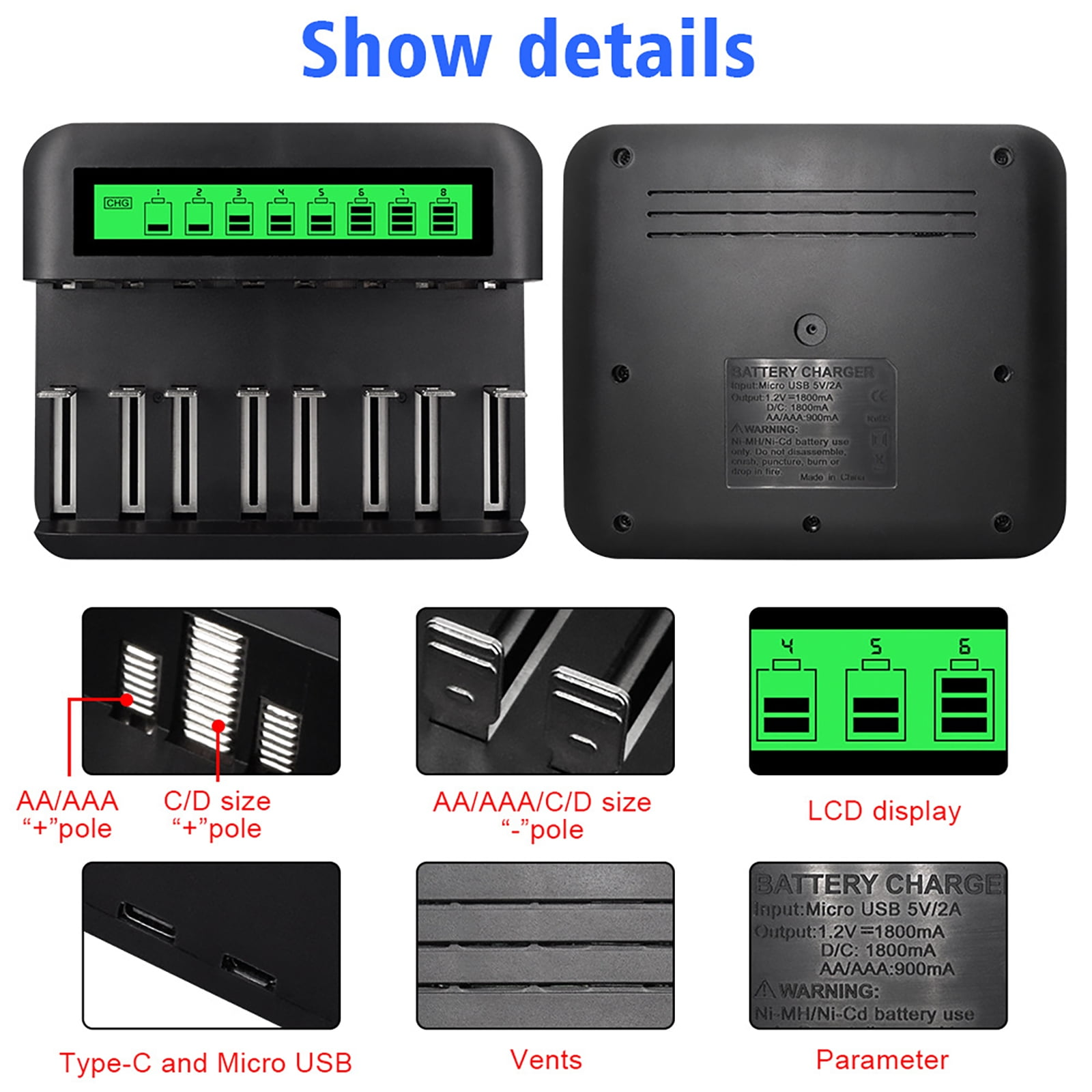 Schwarzes Batterieladegerät mit LCD-Anzeige. Zeigt den Batterieladestand an. Enthält USB-Anschlüsse und Lüftungsschlitze.