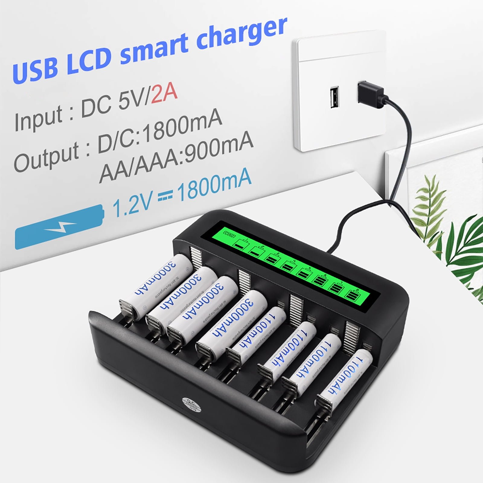 Ein schwarzes USB-LCD-Smart-Ladegerät mit Batterien wird gezeigt. Text zeigt Eingangs- und Ausgangsspezifikationen. Eine weiße Steckdose und ein Kabel sind sichtbar.