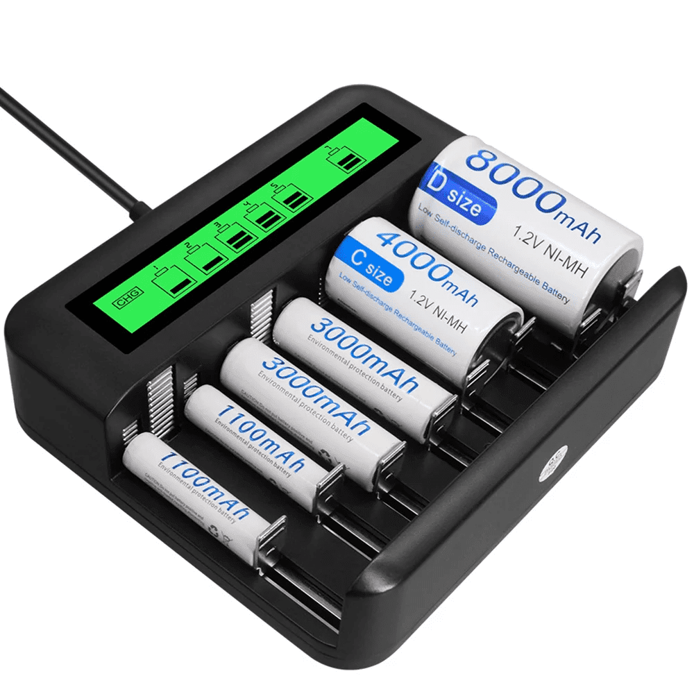 Ein schwarzes Batterieladegerät mit mehreren wiederaufladbaren Batterien unterschiedlicher Größe und Kapazität sowie einer grünen Anzeige.